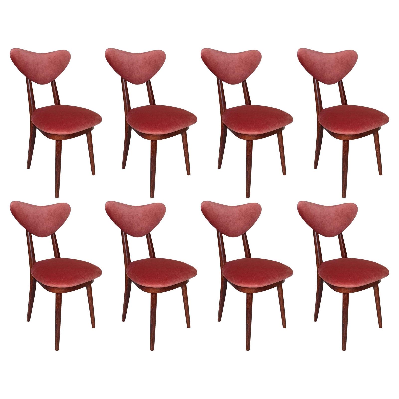 Set Van Acht Mid Century Oranje Fluwelen Stoelen Met Walnootkleurig Hout, Model "Hart", Polen, Ca. Jaren 1960