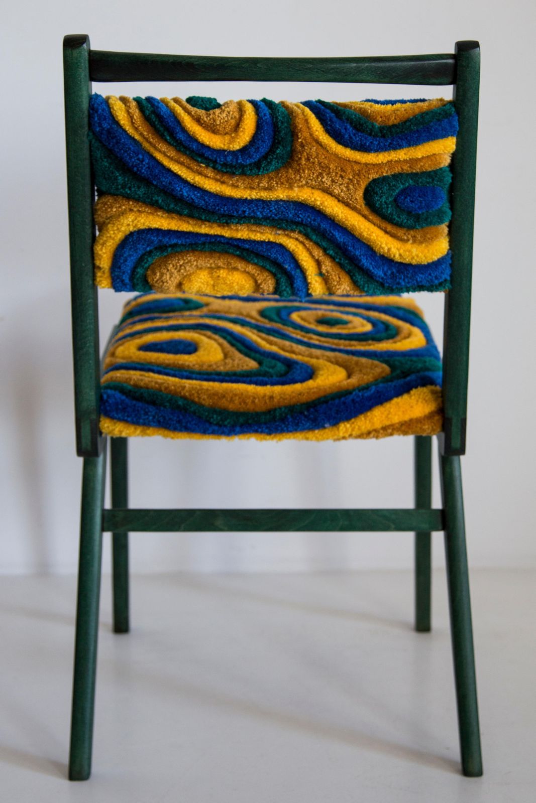 Meubels Mid Century Fauteuil, Handgeknoopt Wol In Groen En Geel, Europa, Polen, Jaren 1960 photo