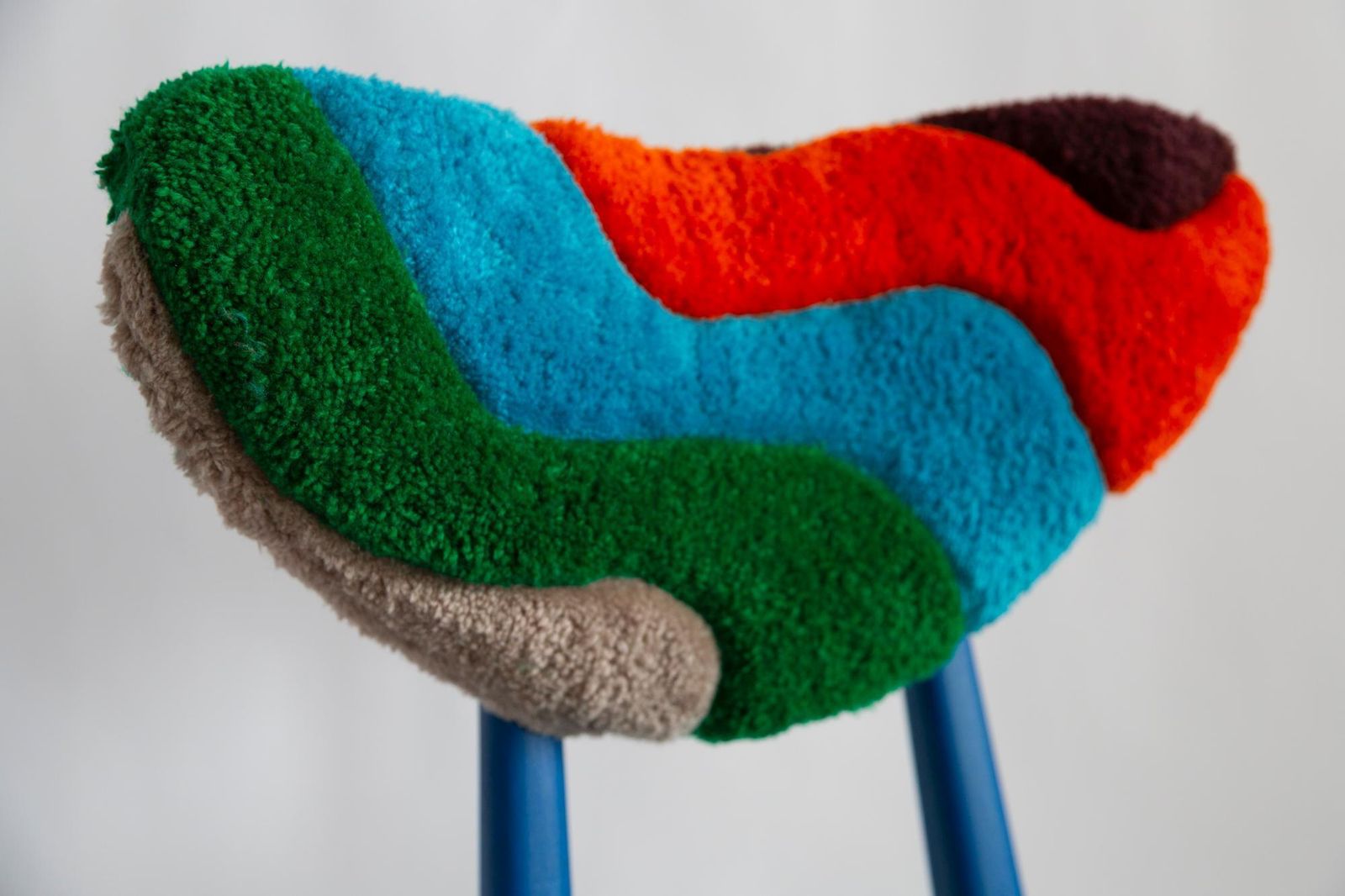 photo for sale Mid Century Heart Chair In Hand Tufting Blue Wool, Europe, Poland, 1960s
