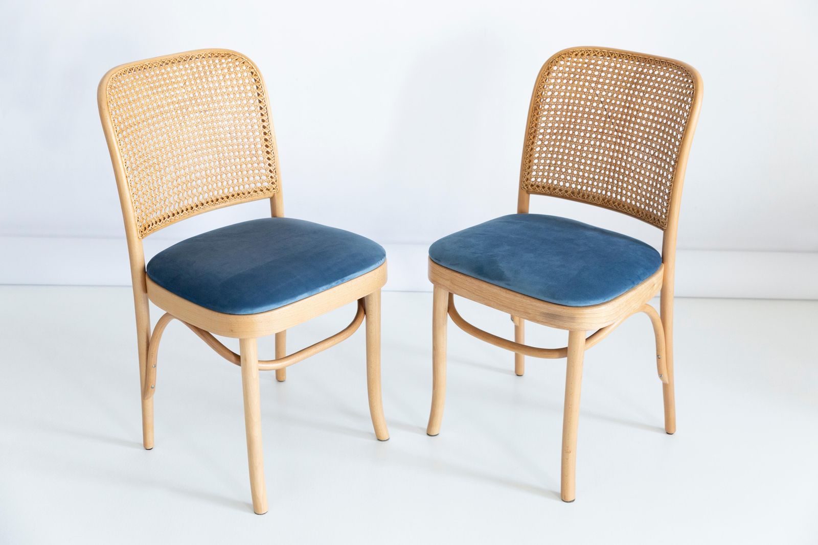 Set Of Two Blue Velvet Thonet Wood Rattan Chairs, 1960s photo furniture