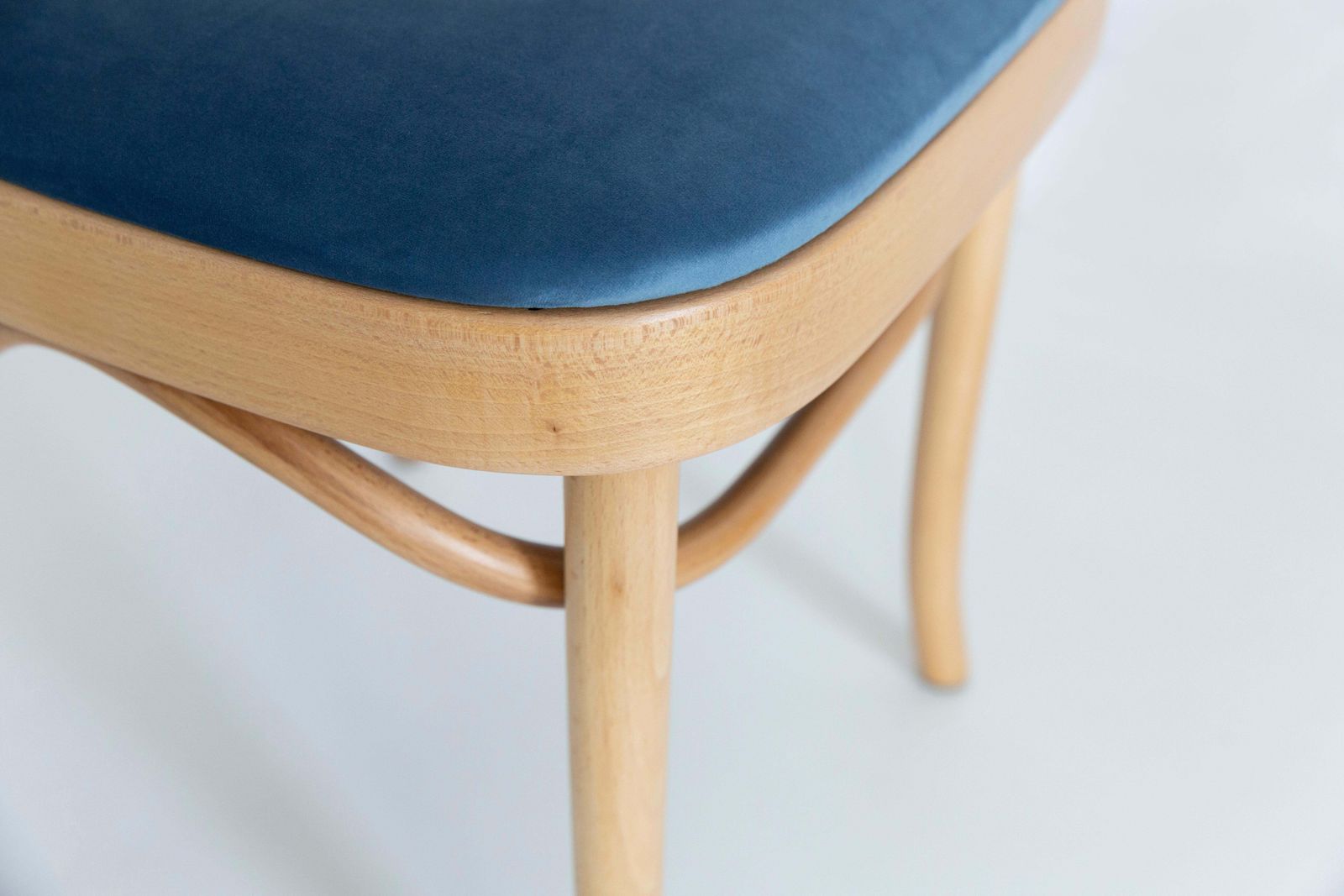 photo for sale Set Of Two Blue Velvet Thonet Wood Rattan Chairs, 1960s
