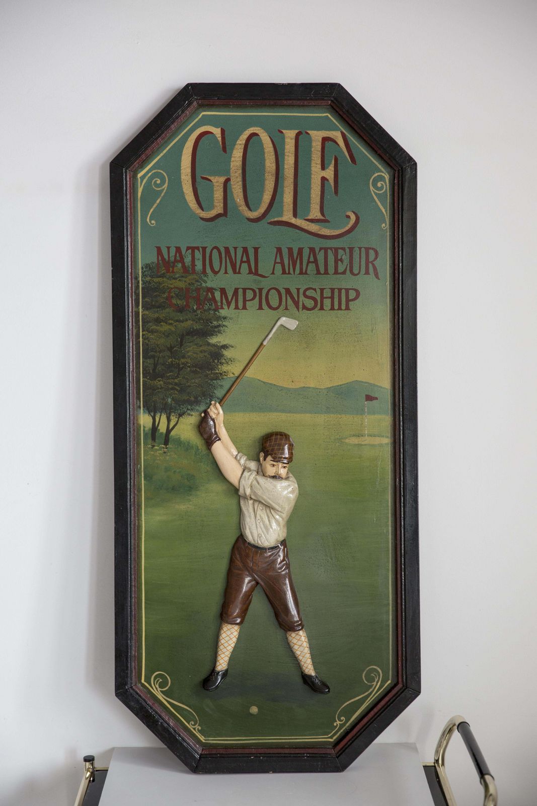 Midcentury Oil Championship Golf Club Painting, Brown Wood Frame, 1960s, Europe photo for sale