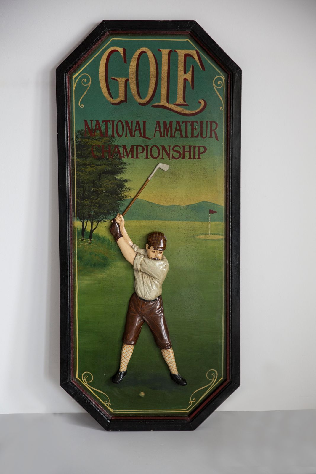 Midcentury Oil Championship Golf Club Painting, Brown Wood Frame, 1960s, Europe photo Art
