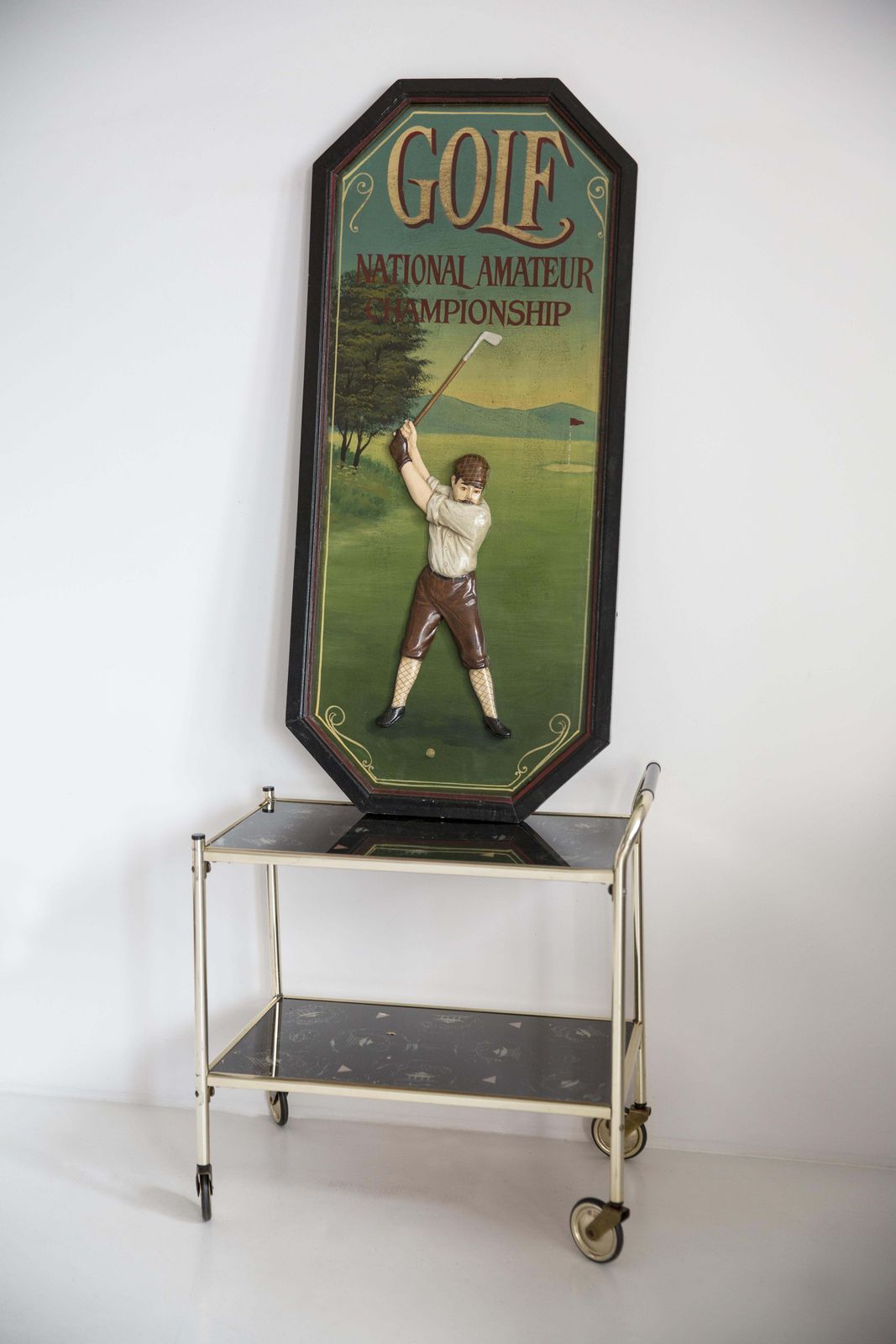 680.0 Midcentury Oil Championship Golf Club Painting, Brown Wood Frame, 1960s, Europe photo