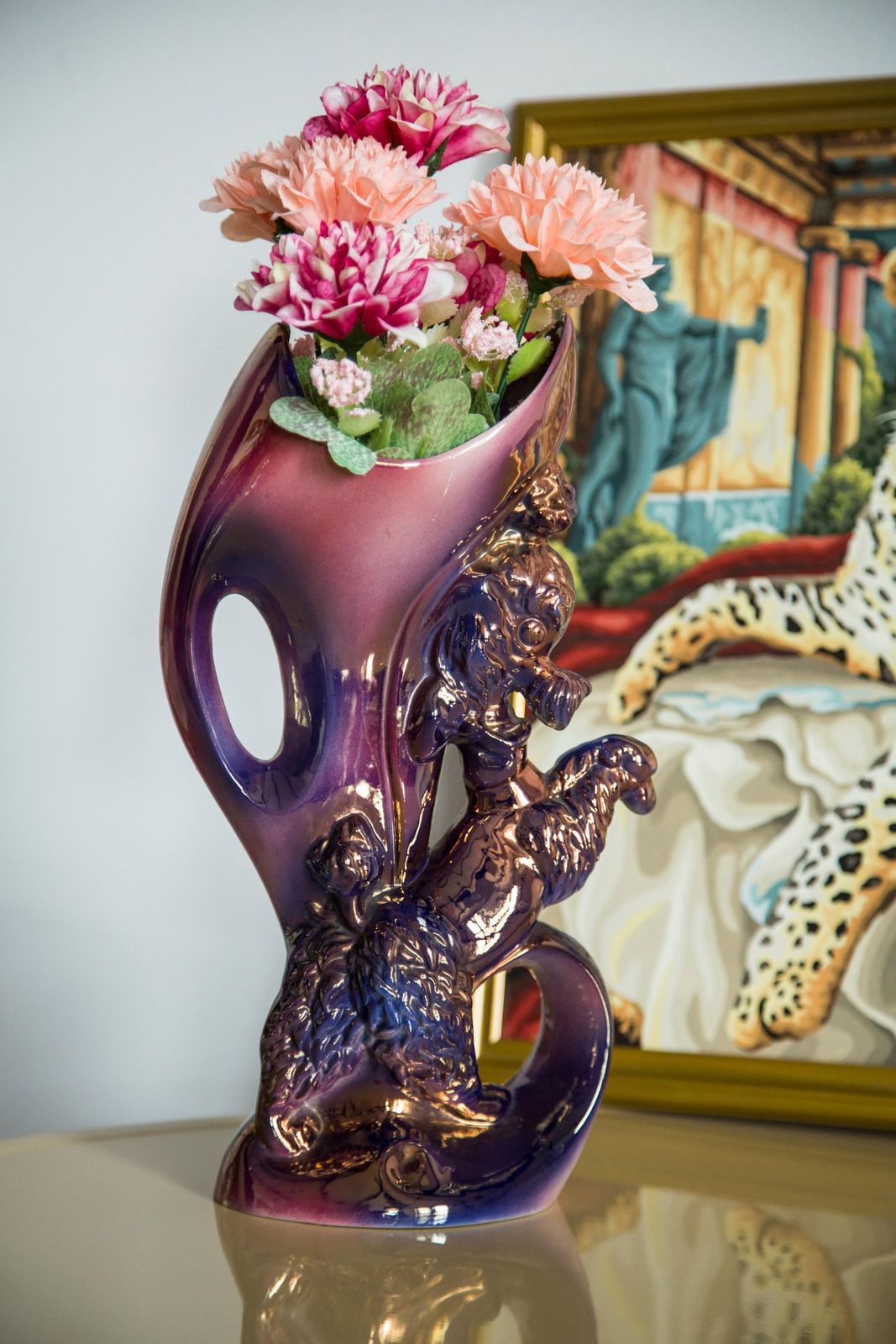 Midcentury Porcelain Vase With Poodle Dog, Hand Painted, Europe, 1960s photo furniture