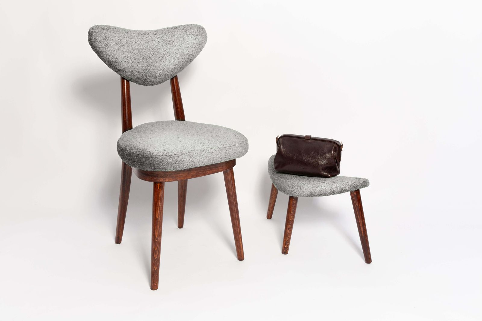 Mid Century Heart Chair And Stool, Gray Velvet, Dark Wood, Europe 1960s photo furniture