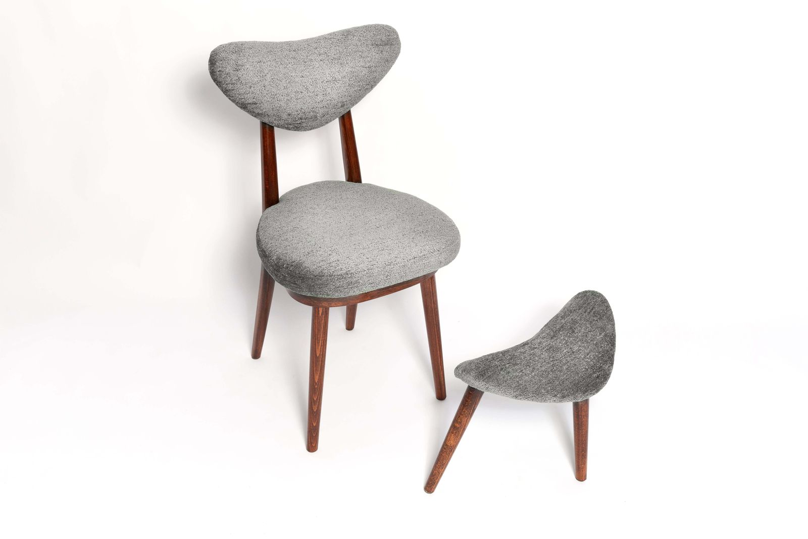Mid Century Heart Chair And Stool, Gray Velvet, Dark Wood, Europe 1960s photo for sale