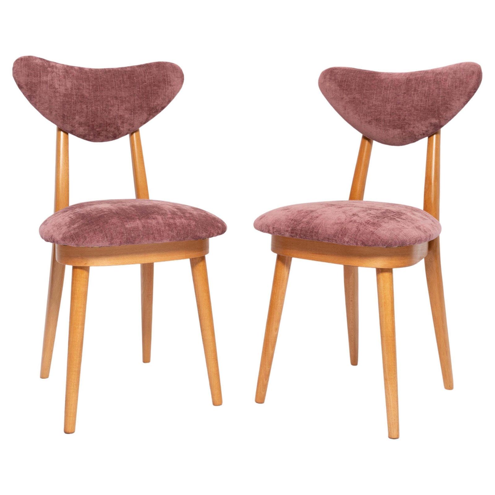 Pair Of Midcentury Plum Violet Velvet Light Wood Heart Chairs, Europe, 1960s