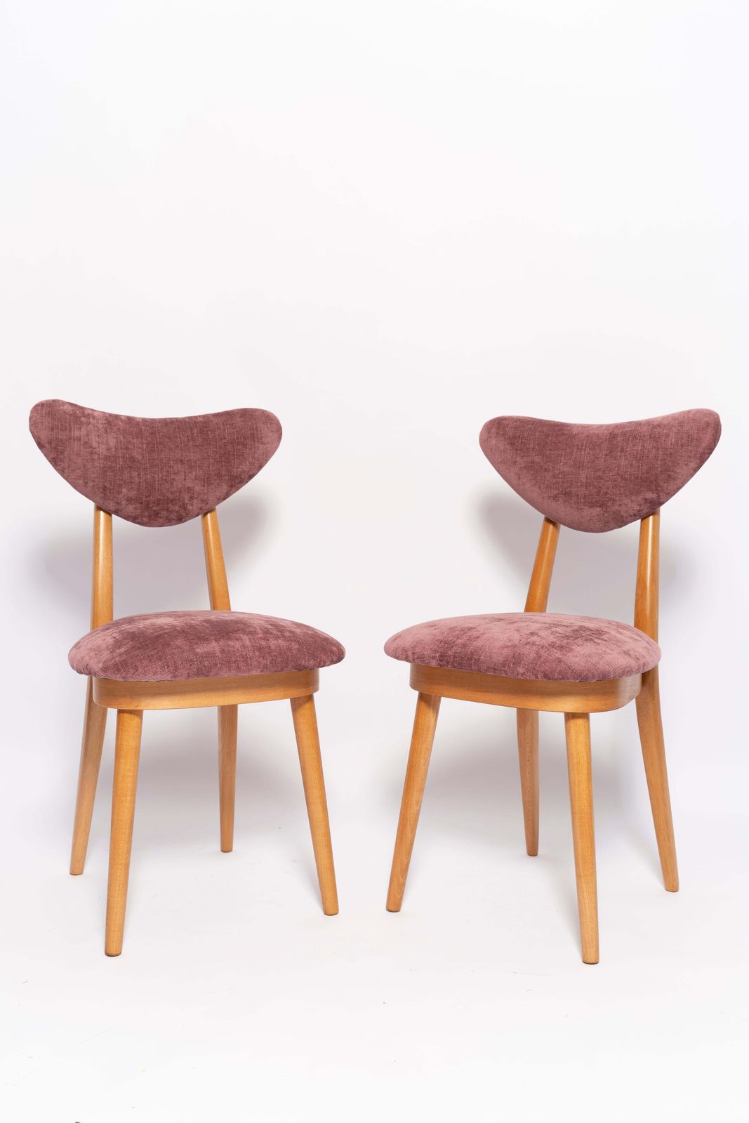 Pair Of Midcentury Plum Violet Velvet Light Wood Heart Chairs, Europe, 1960s photo vintage
