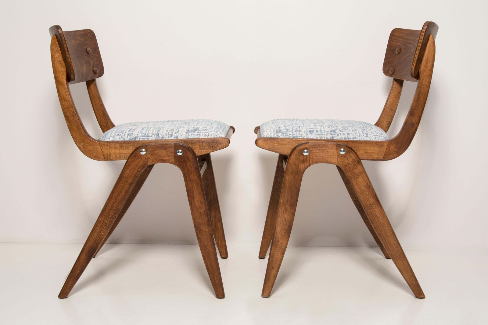 Pair Of Midcentury White Blue Linen Boomerang Chairs, Dark Wood, Poland, 1960s photo vintage
