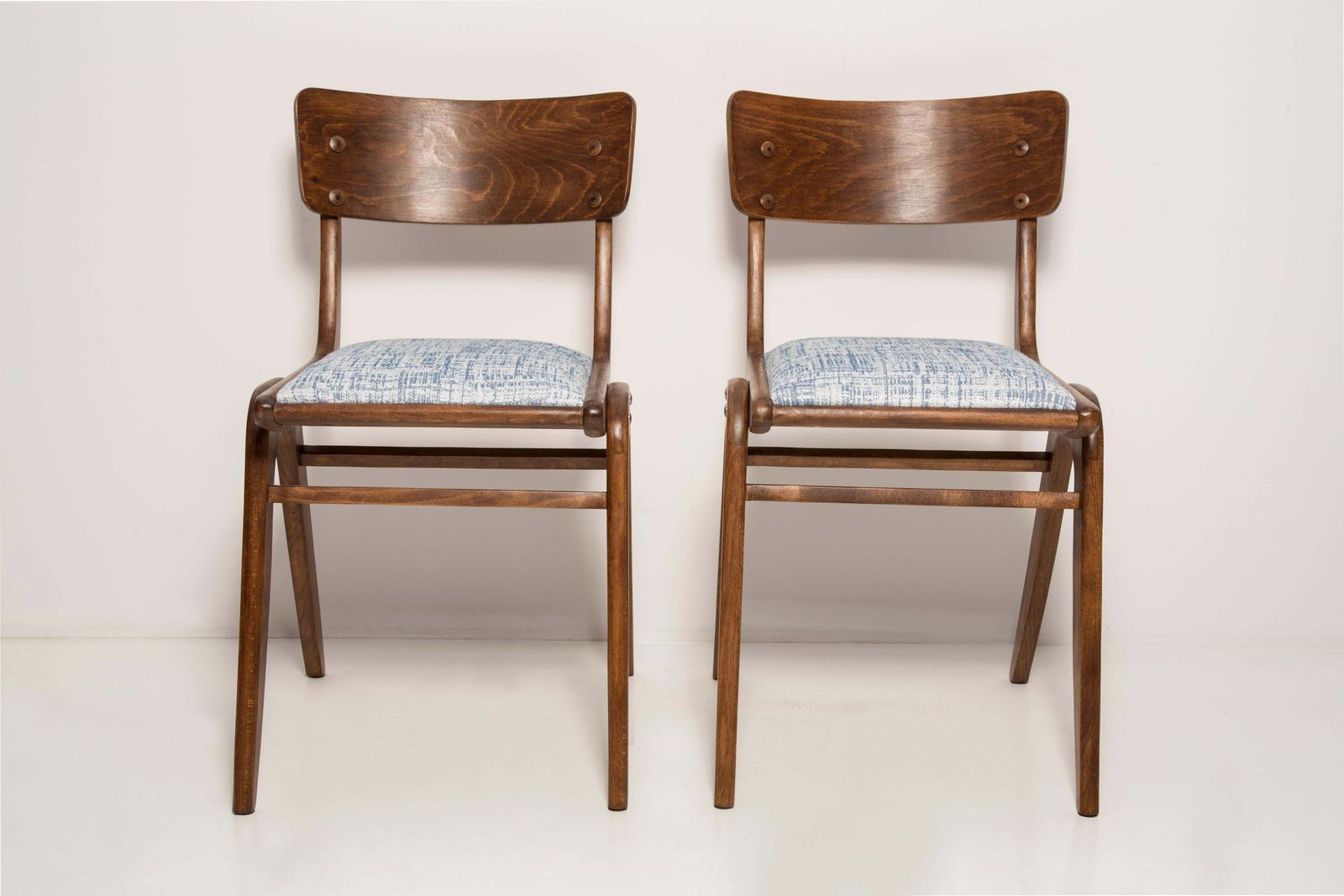 photo for sale Pair Of Midcentury White Blue Linen Boomerang Chairs, Dark Wood, Poland, 1960s
