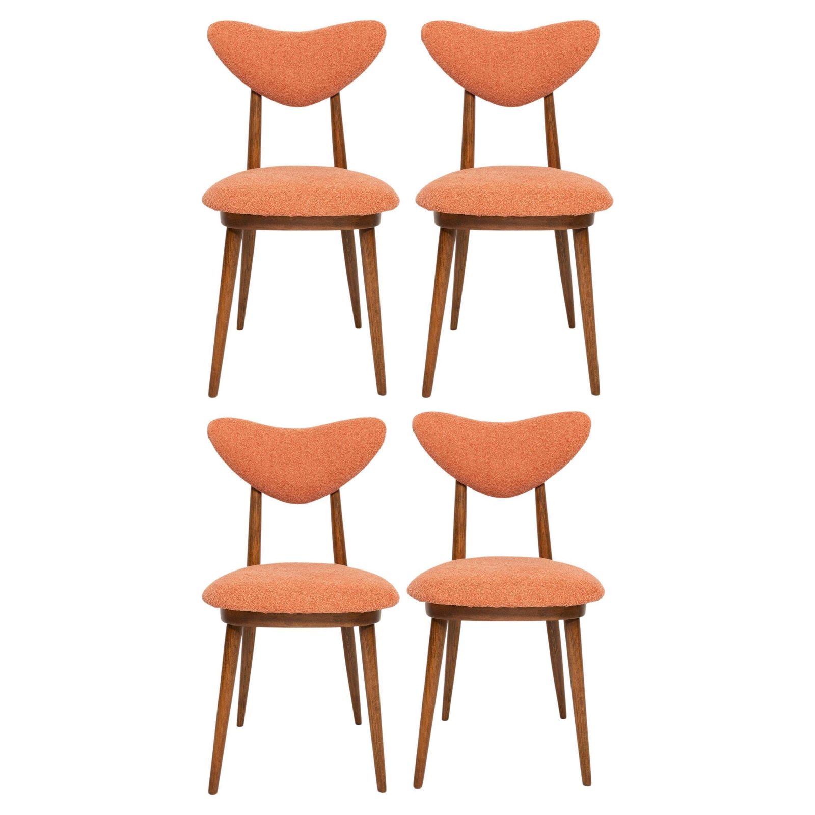 Set Of Four Midcentury Orange Velvet Heart Chairs, Europe, 1960s