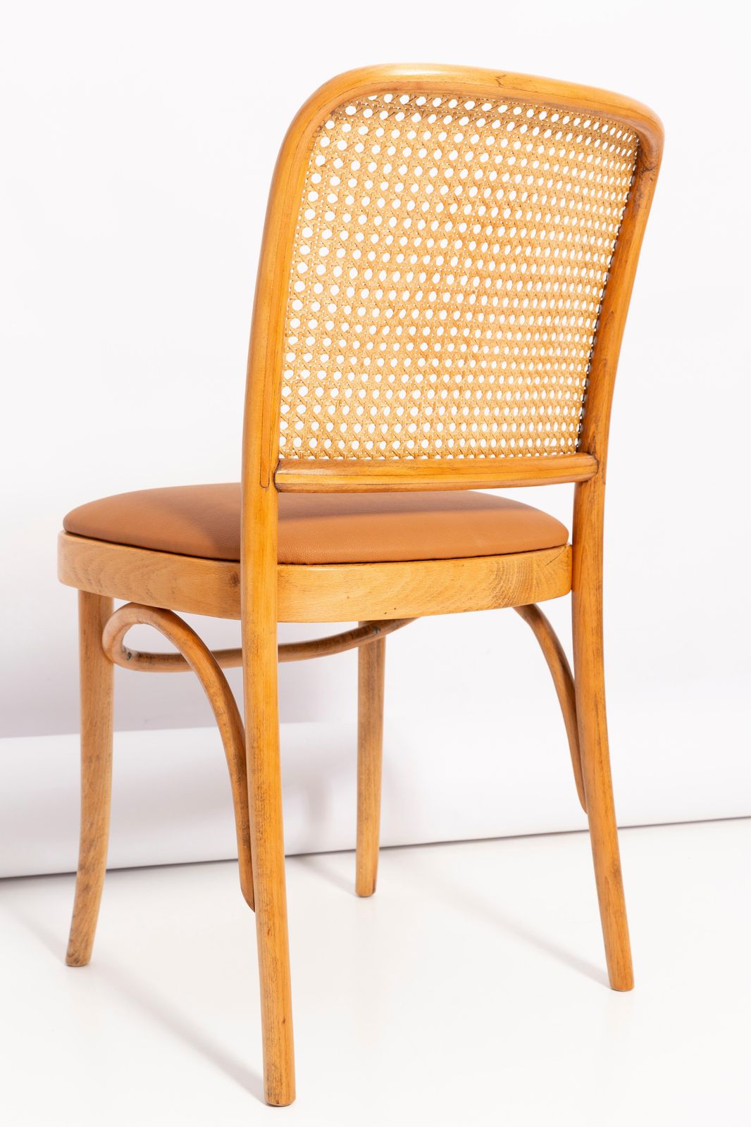 Set Of Four Mid Century Camel Faux Leather Thonet Wood Rattan Chairs, 1960s photo vinterior
