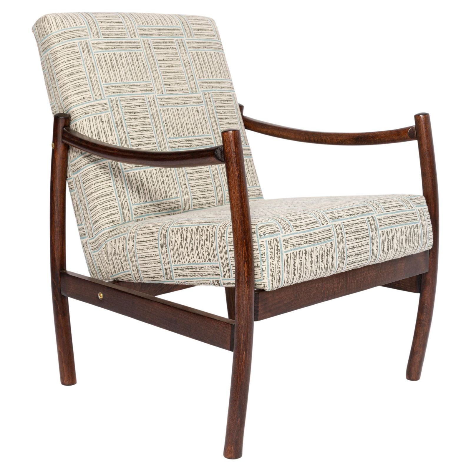 Mid 20th Century Vintage Armchair, Beige And Blue Linen, Europe, 1960s