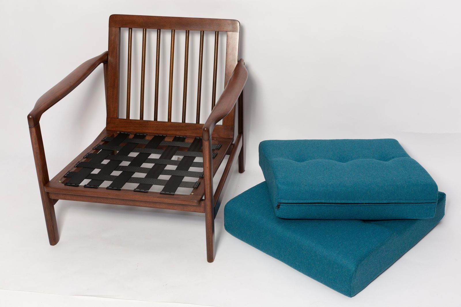 Mid Century Acqua Blue Wool Armchair, Zenon Baczyk, Poland, 1960s photo vintage