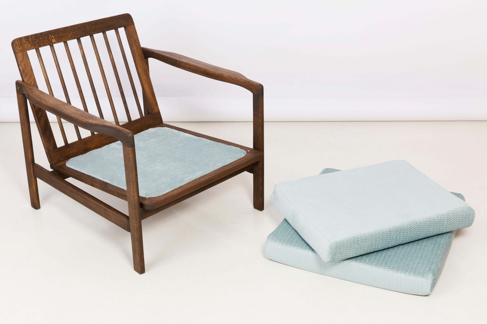 photo furniture Midcentury Blue Velvet Armchair With Stool, Zenon Baczyk, 1960s
