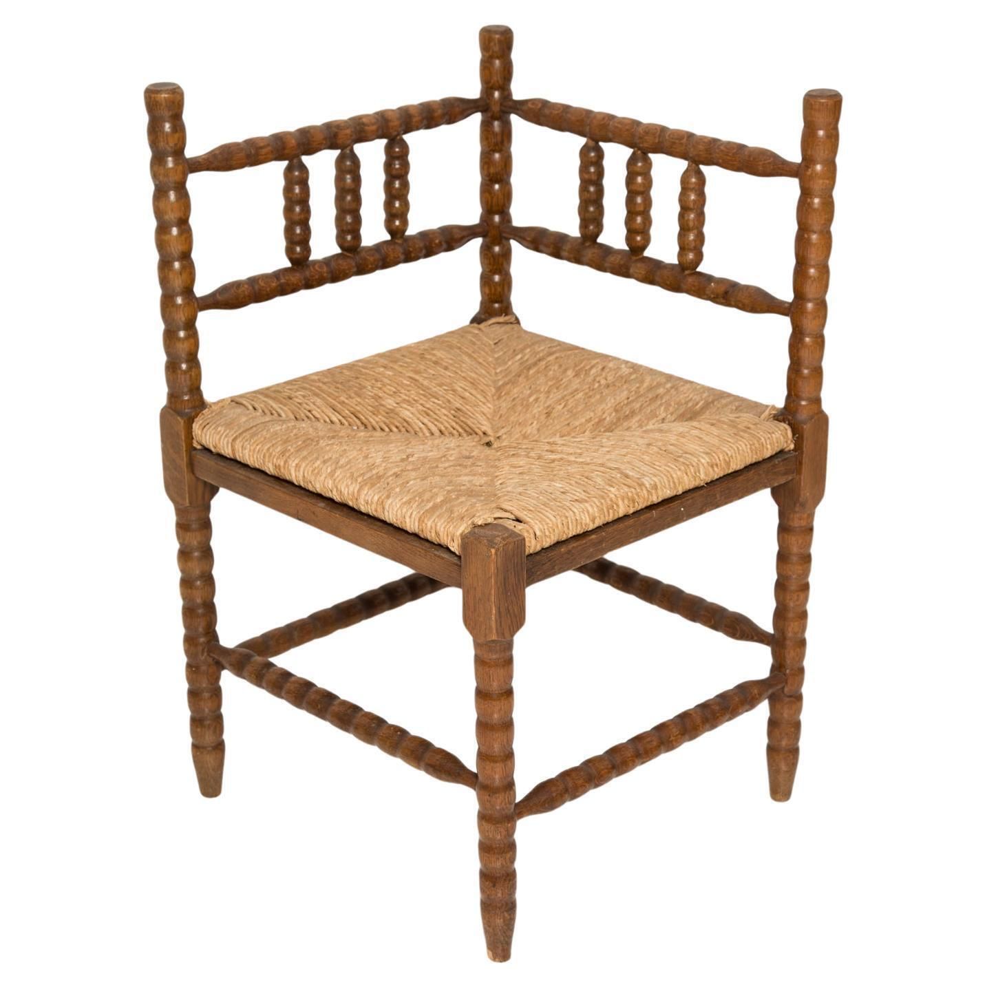 Mid Century Antique Provincial Hand Crafted Bobbin Corner Chair, France, 1940s