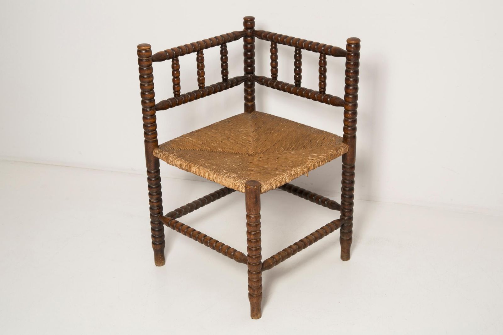 photo furniture Mid Century Antique Provincial Hand Crafted Bobbin Corner Chair, France, 1940s