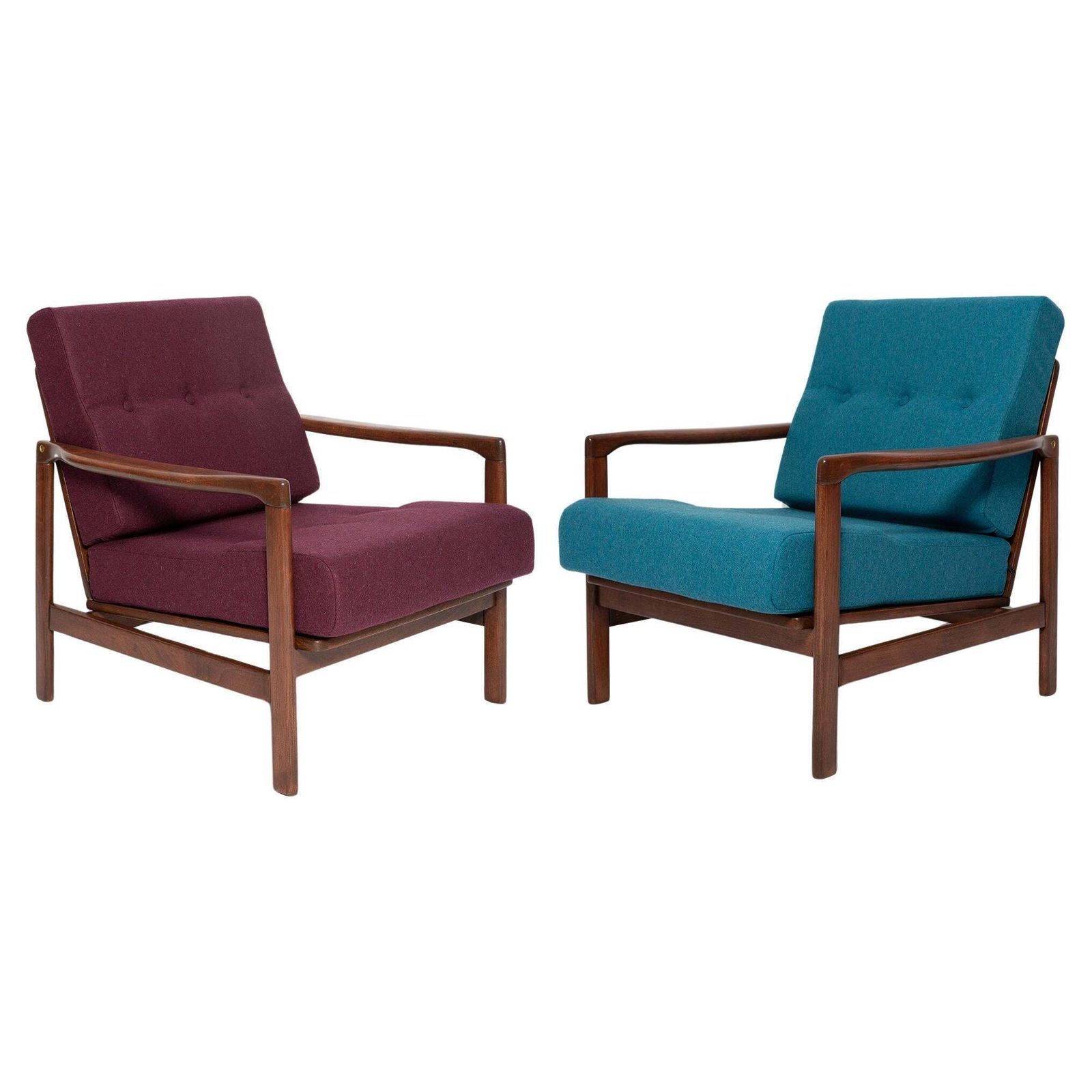 Paar Mid Century Fauteuils In Paars En Blauw Wol, Zenon Baczyk, Polen, Jaren 1960
