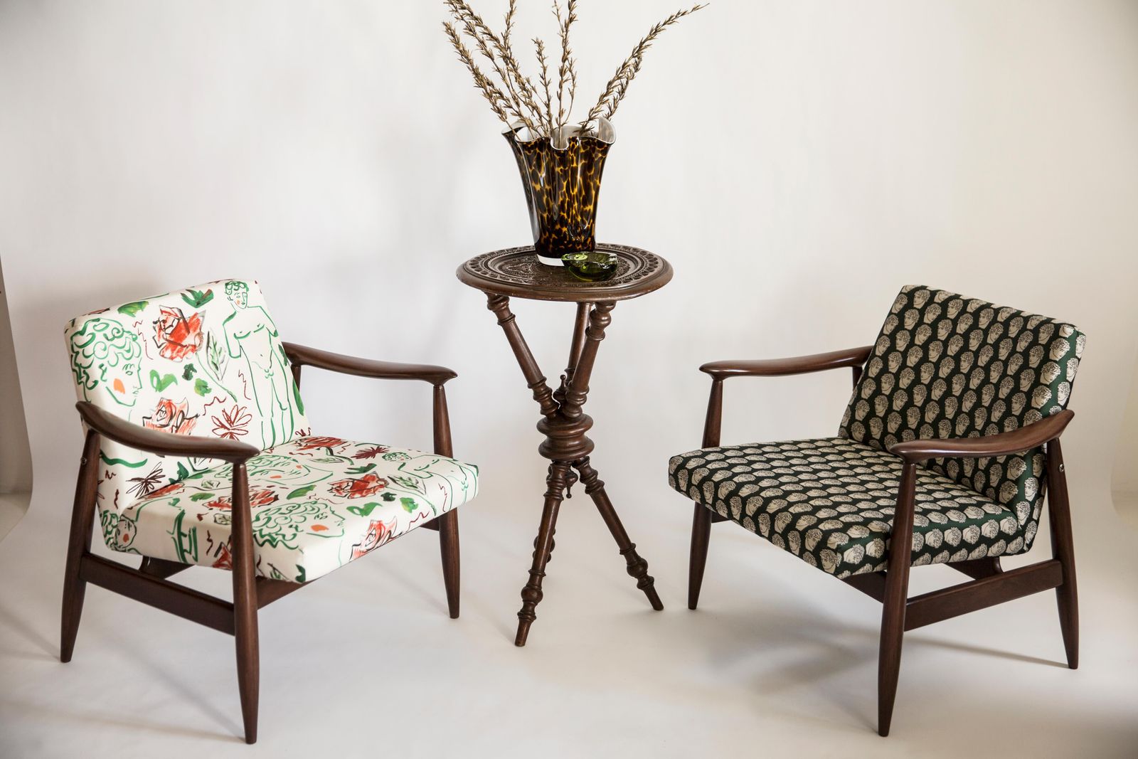 Pair Of Midcentury David Print Emerald Armchairs, By Kedziorek, Europe, 1960s photo furniture