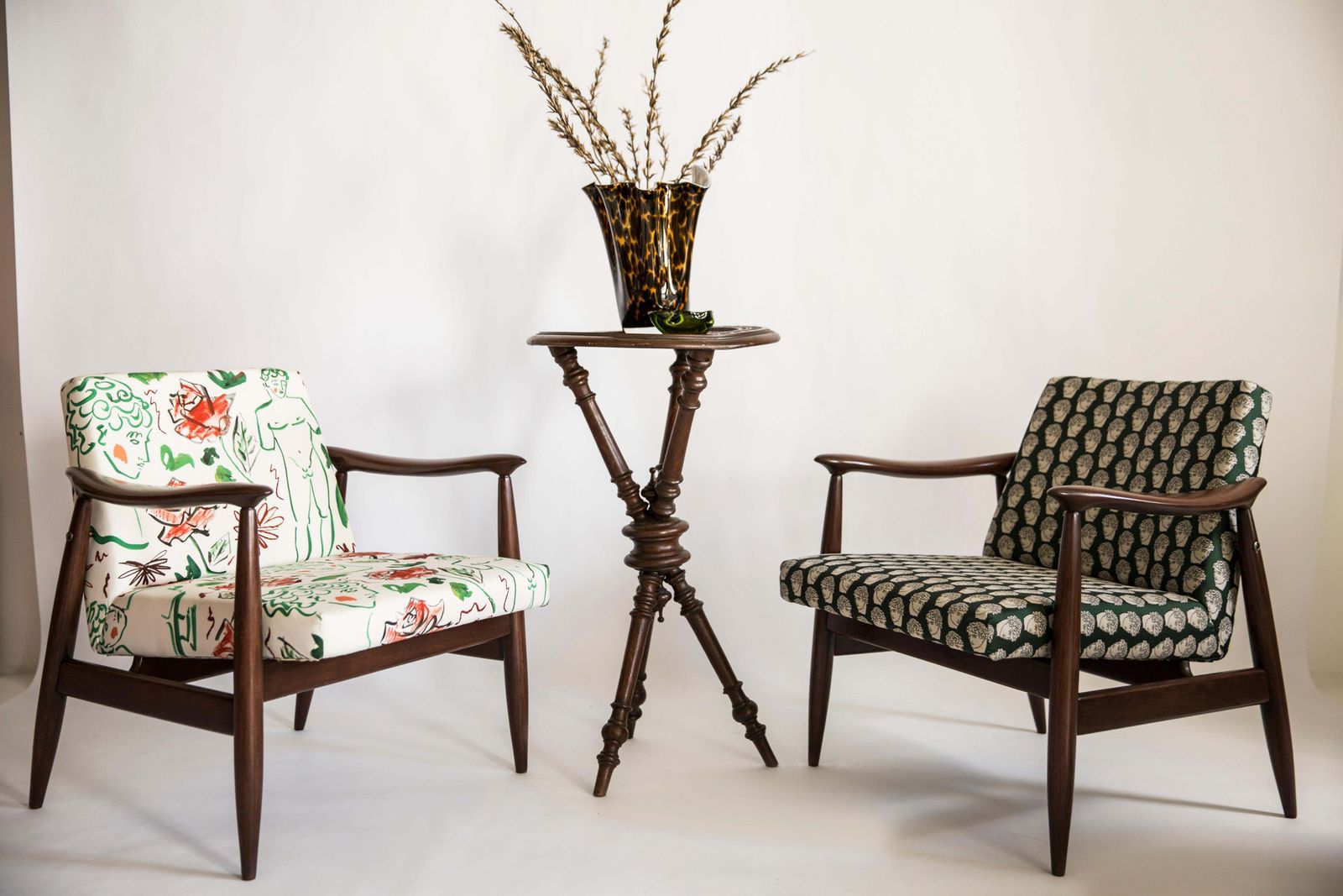Paar Mid Century Fauteuils, David Print Emerald, Door Kedziorek, Europa, Jaren 1960 photo Meubels