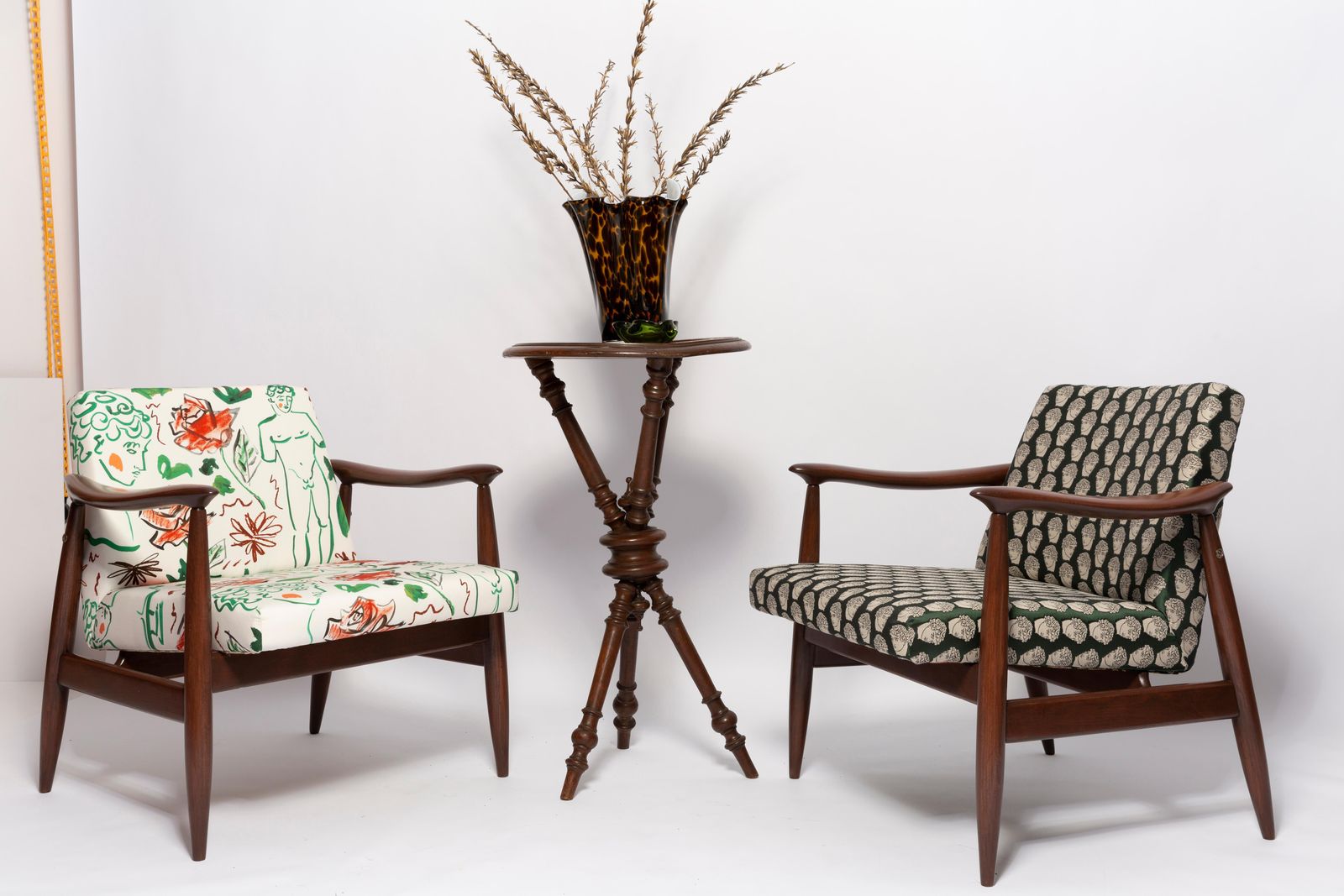 Pair Of Midcentury David Print Emerald Armchairs, By Kedziorek, Europe, 1960s photo buy