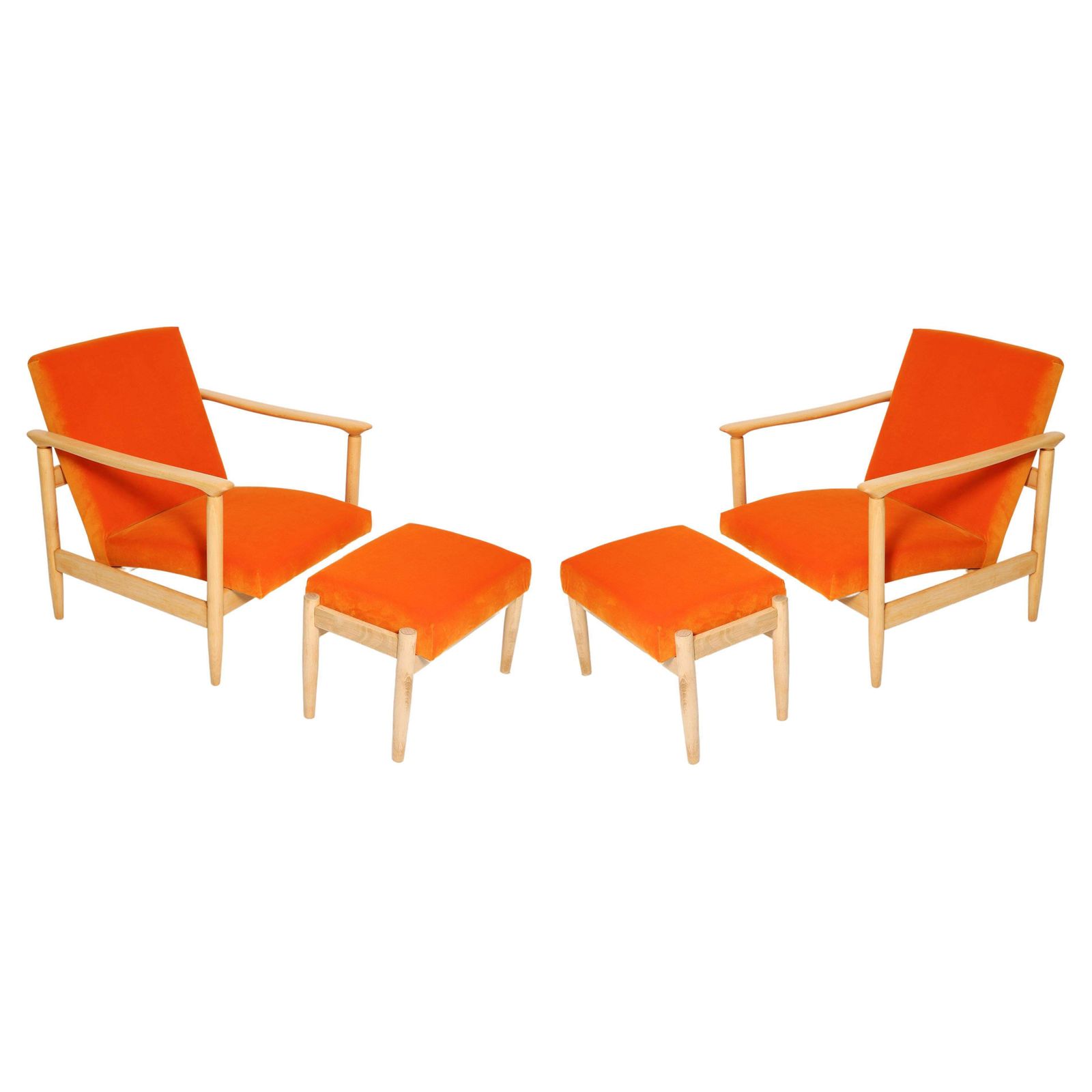 Set Mid Century Fauteuils En Krukken In Oranje Velours, Edmund Homa, Europa, Jaren 1960