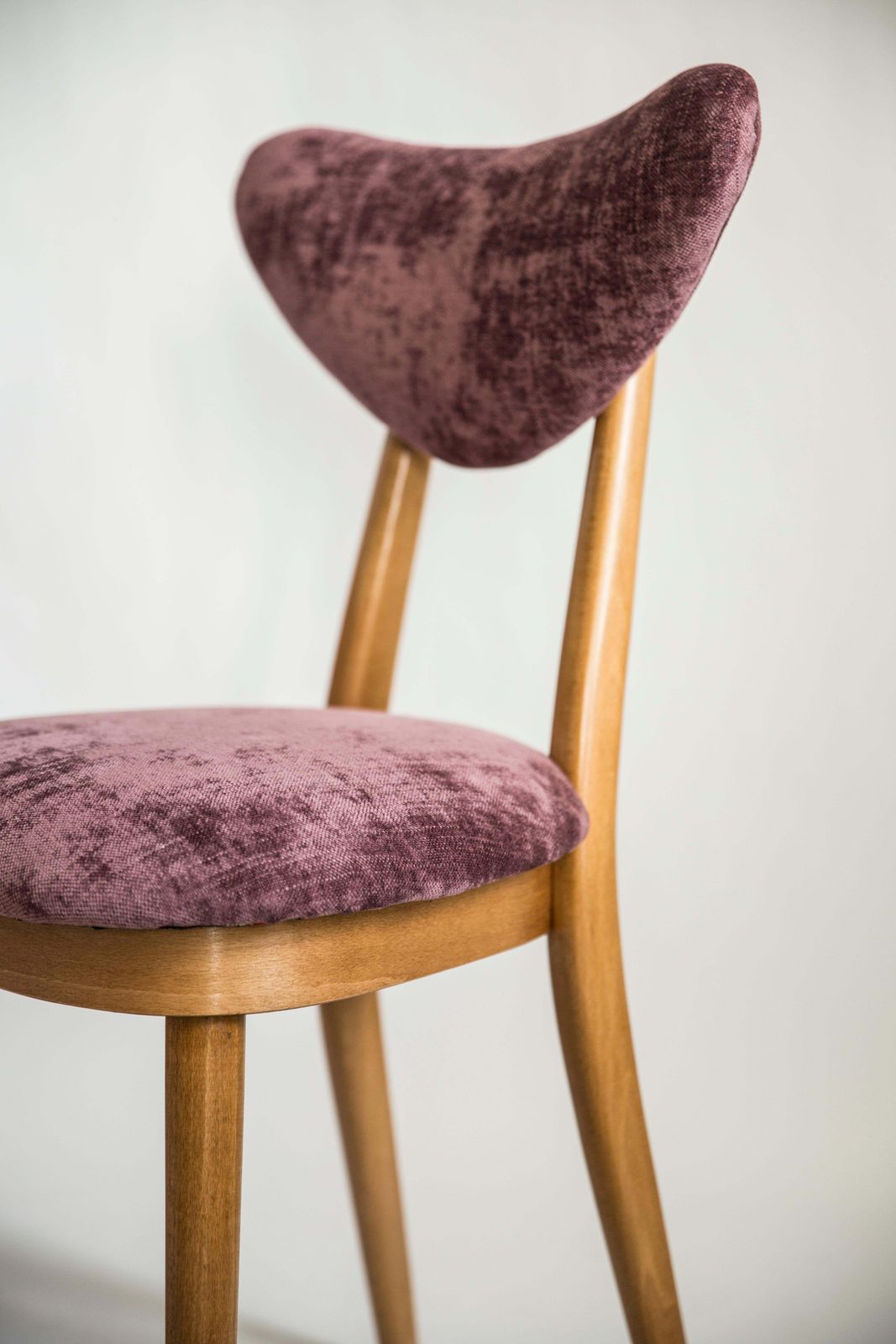 Set Of Six Mid Century Plum Violet Velvet, Light Wood Heart Chairs, Europe, 1960 photo for sale