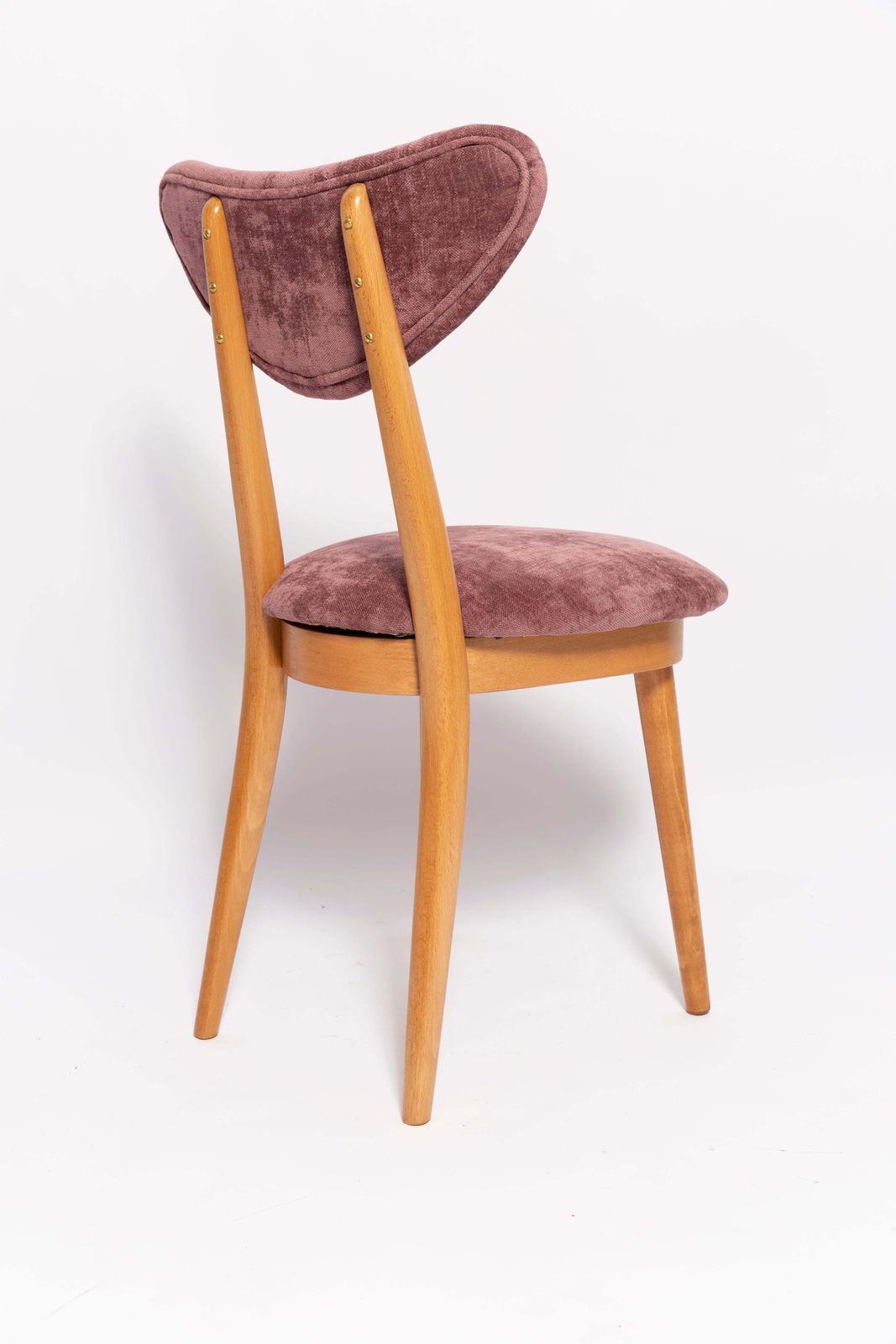 photo furniture Set Of Six Mid Century Plum Violet Velvet, Light Wood Heart Chairs, Europe, 1960