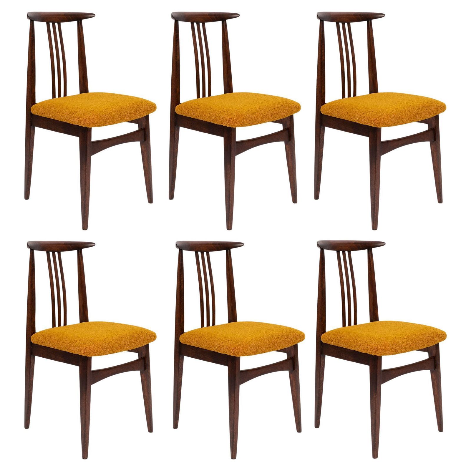 Six Mid Century Ochre Boucle Chairs, Walnut Wood, M. Zielinski, Europe 1960s