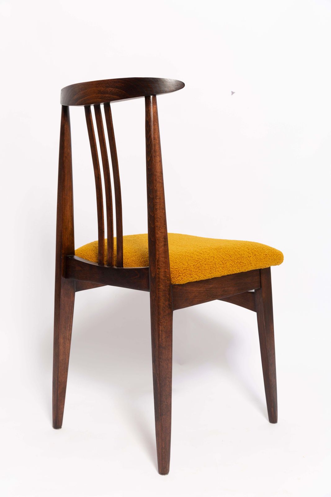 Six Mid Century Ochre Boucle Chairs, Walnut Wood, M. Zielinski, Europe 1960s photo Furniture
