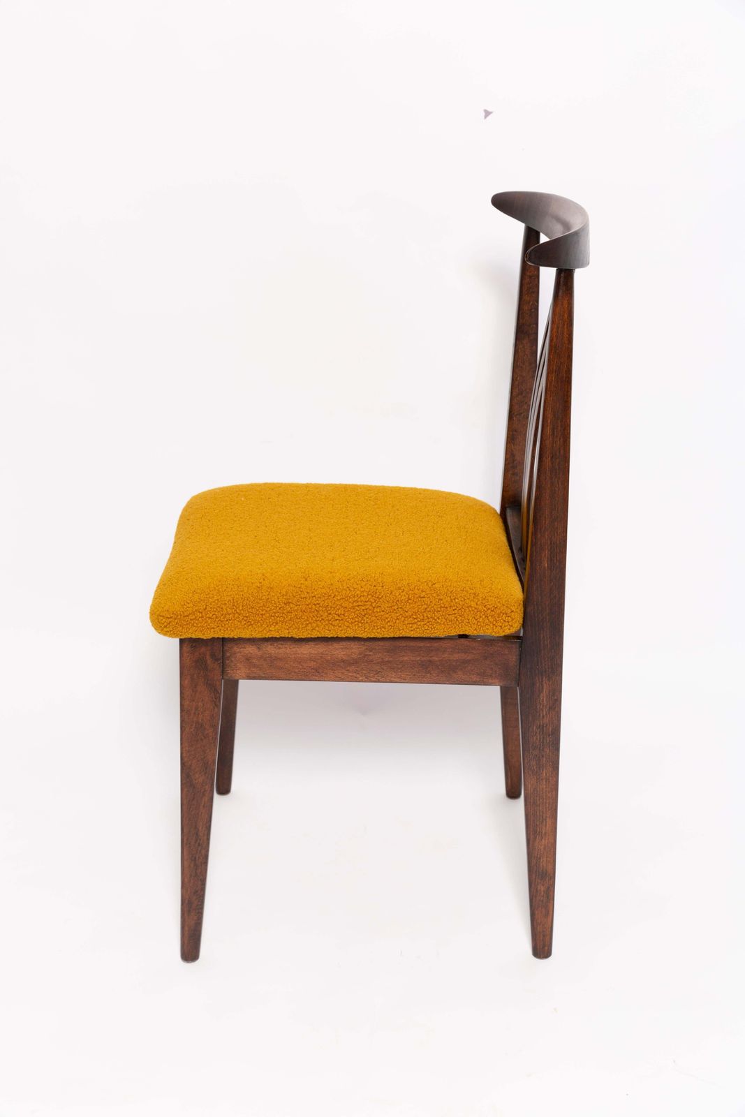 Six Mid Century Ochre Boucle Chairs, Walnut Wood, M. Zielinski, Europe 1960s photo buy