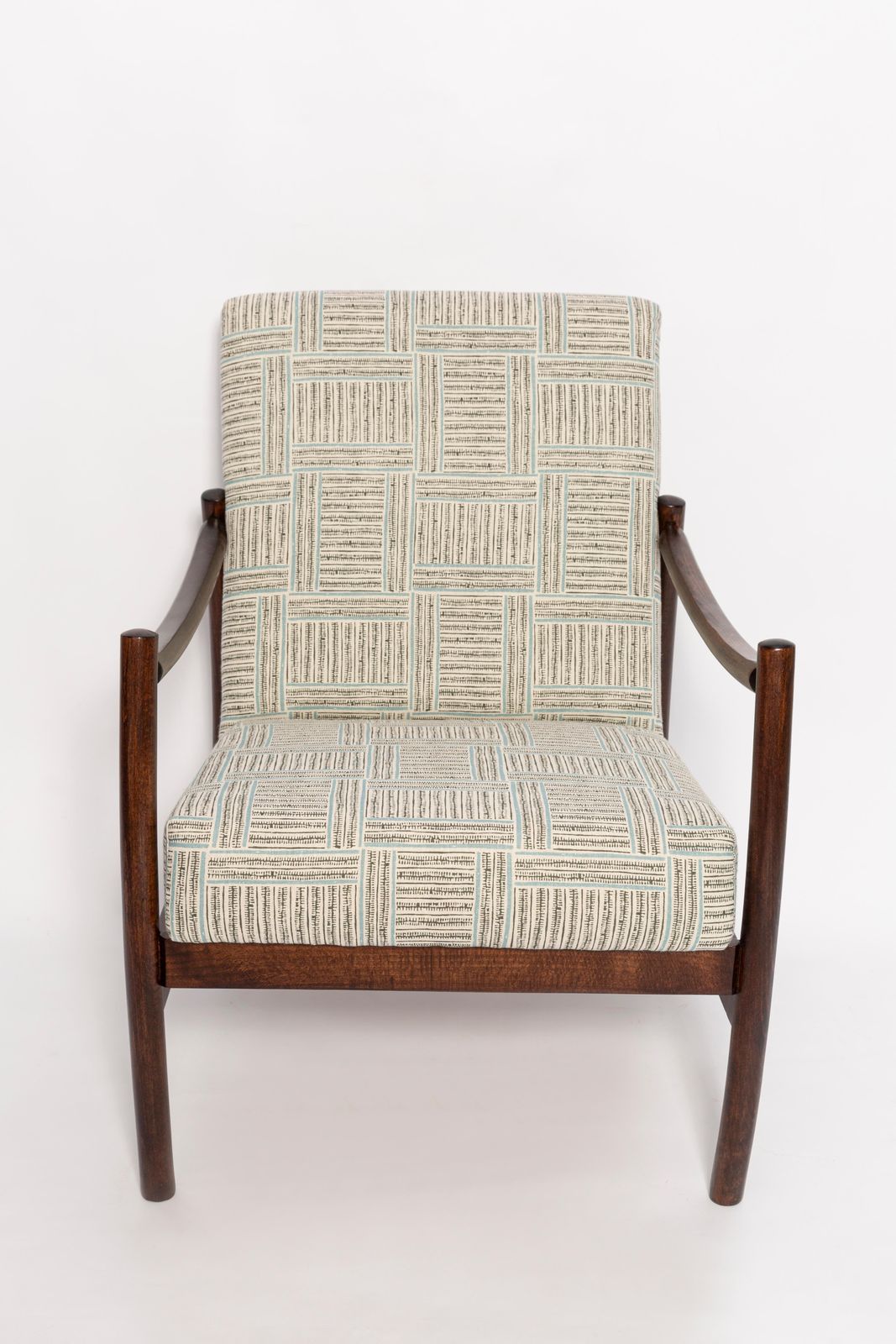 photo vinterior Paar Mid Century Vintage Fauteuils, Beige En Blauw Linnen, Europa, Jaren 1960