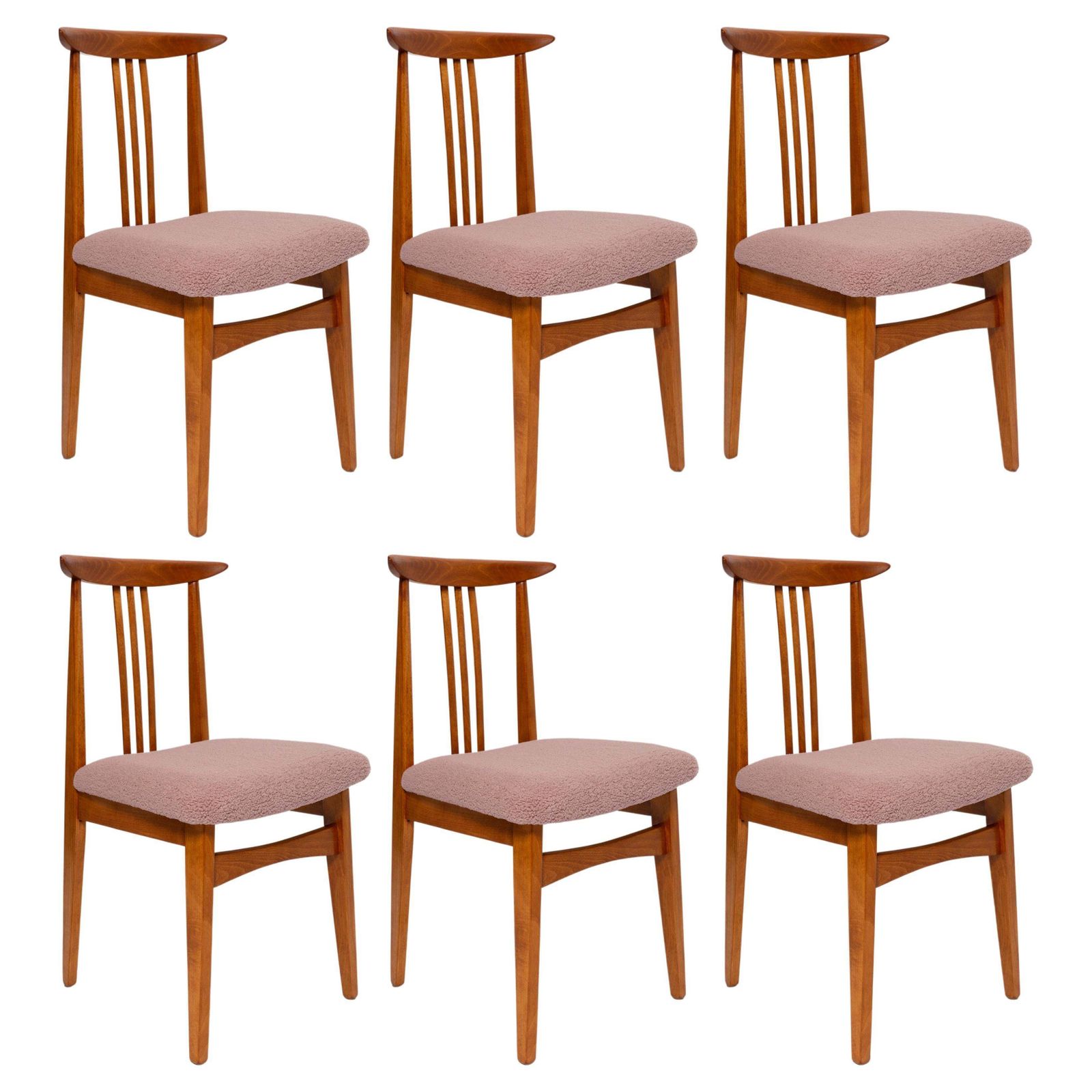 Set Van Zes Mid Century Stoelen Met Roze Bouclébekleding, Van M. Zielinski, Europa, Jaren 1960