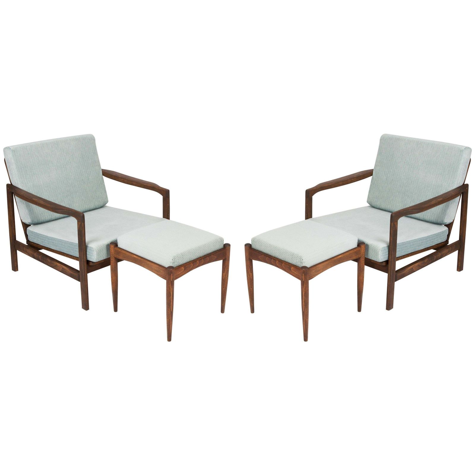Set Of Two Midcentury Blue Velvet Armchairs With Stools, Zenon Baczyk, 1960s