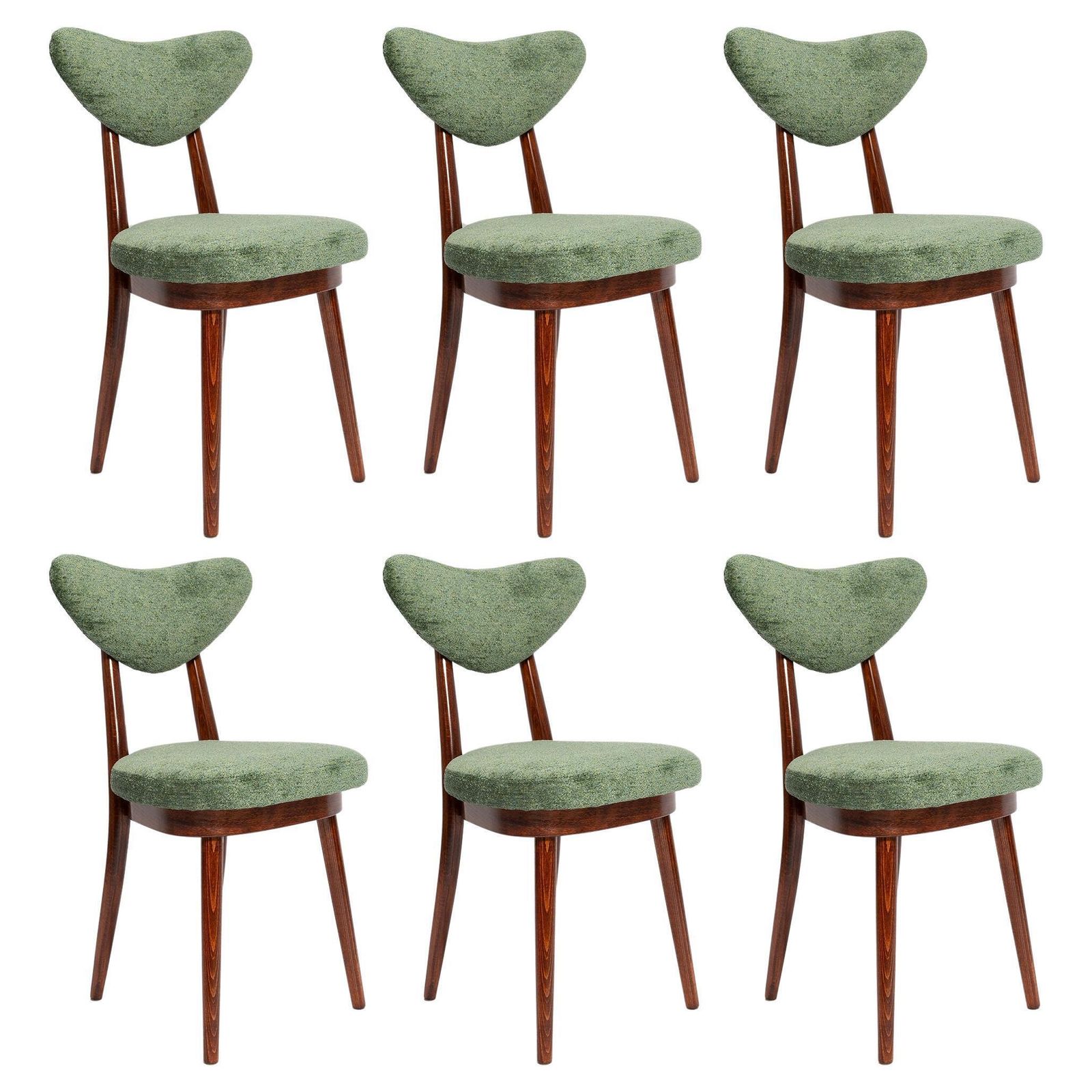 Set Of Six Mid Century Heart Chairs, Green Velvet, Dark Wood, Europe 1960s