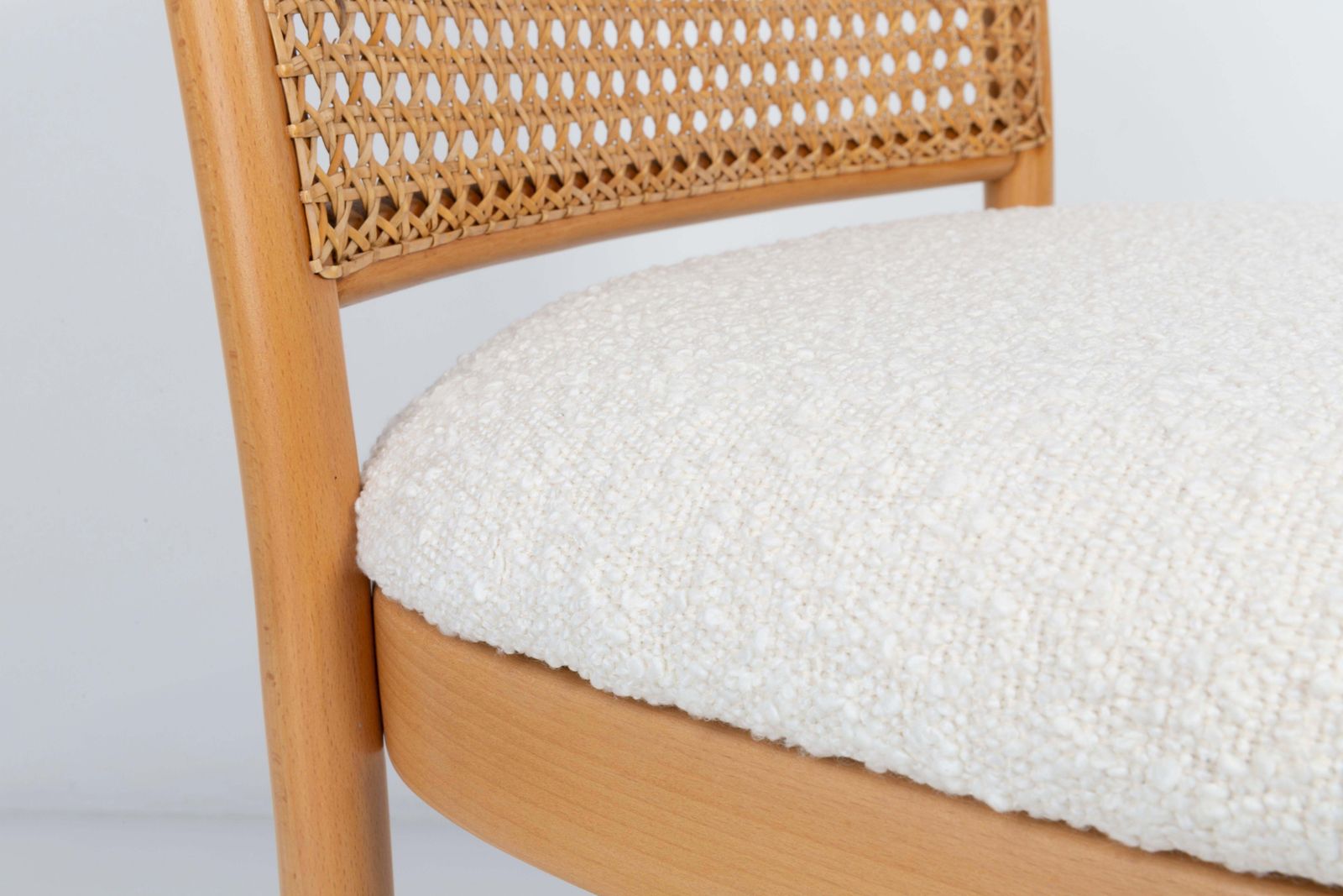 photo for sale Set Of Six White Boucle Thonet Wood Rattan Chairs, 1960s