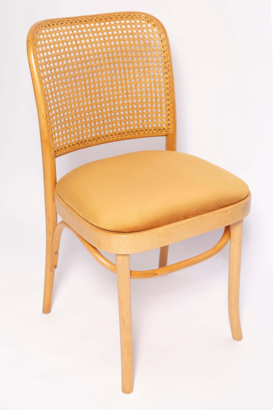 Set Of Six Mid Century Yellow Velvet Thonet Wood Rattan Chairs, Europe, 1960s photo 3572.0