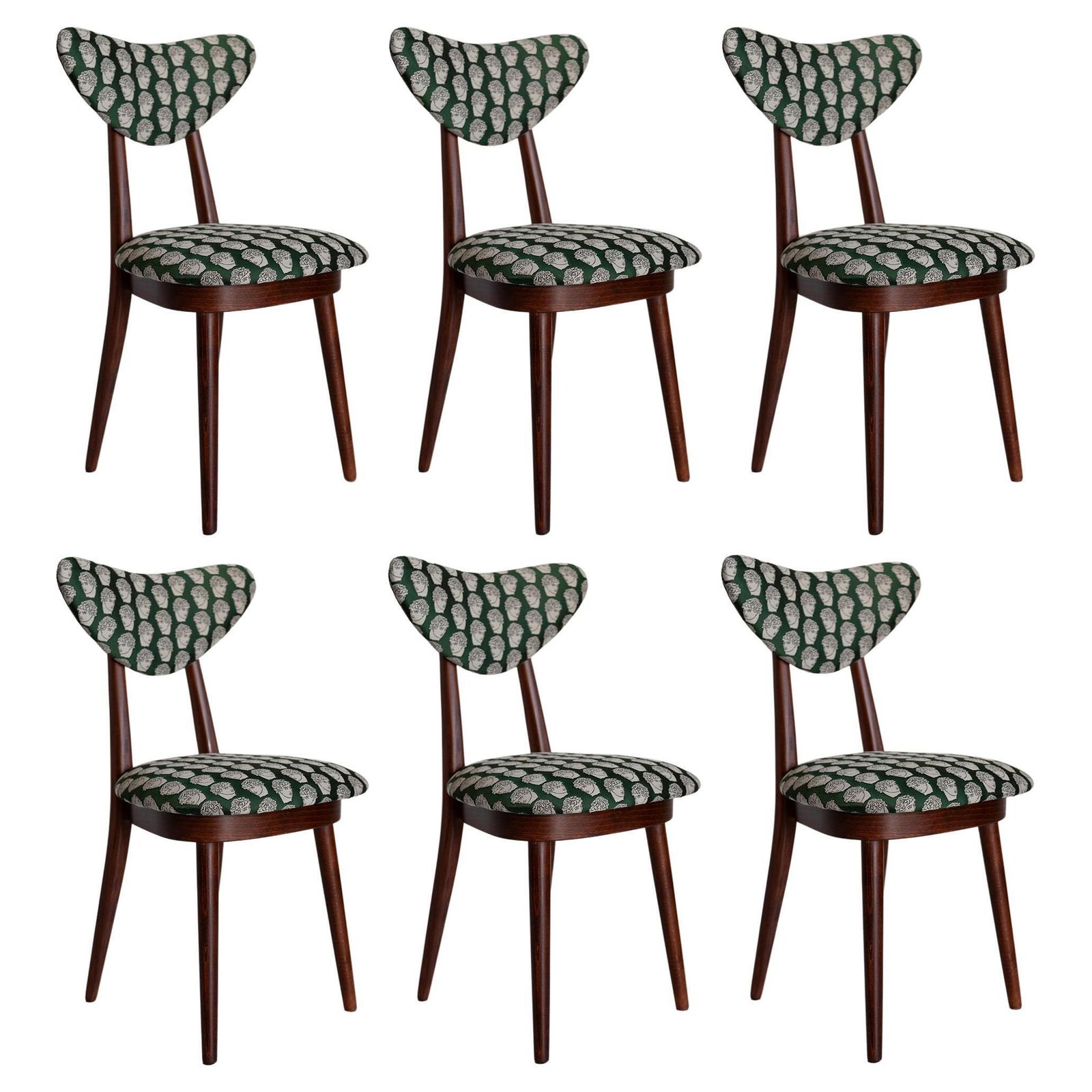 Six Midcentury David Print Emerald Satin, Dark Wood Heart Chairs, Europe, 1960s