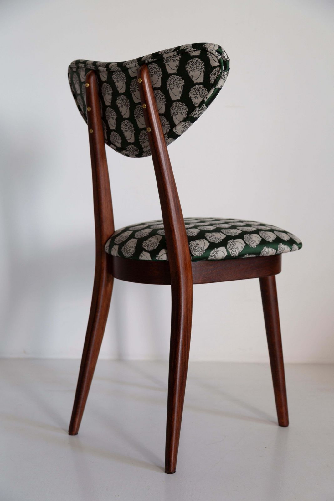 Six Midcentury David Print Emerald Satin, Dark Wood Heart Chairs, Europe, 1960s photo vinterior
