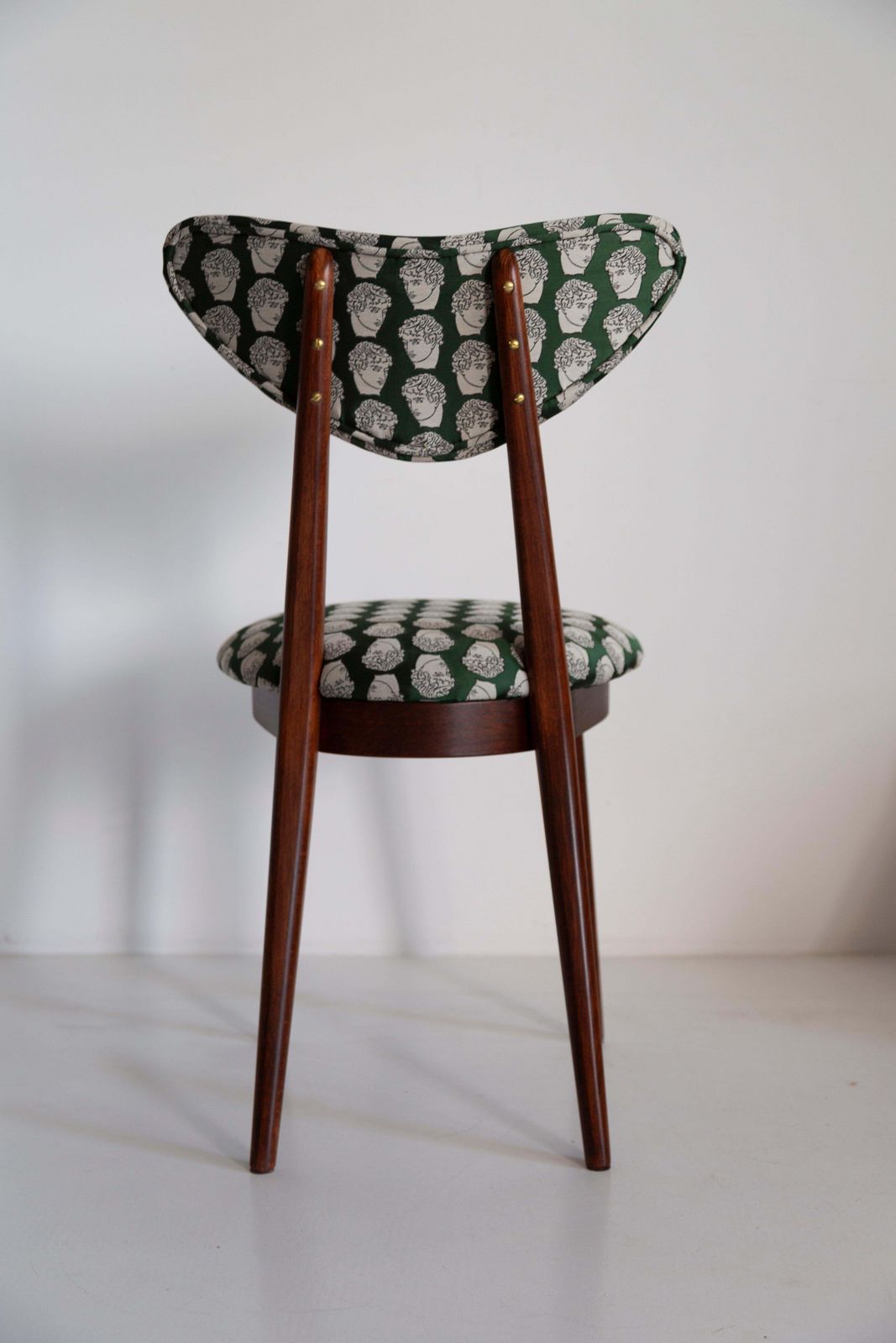 Six Midcentury David Print Emerald Satin, Dark Wood Heart Chairs, Europe, 1960s photo vintage