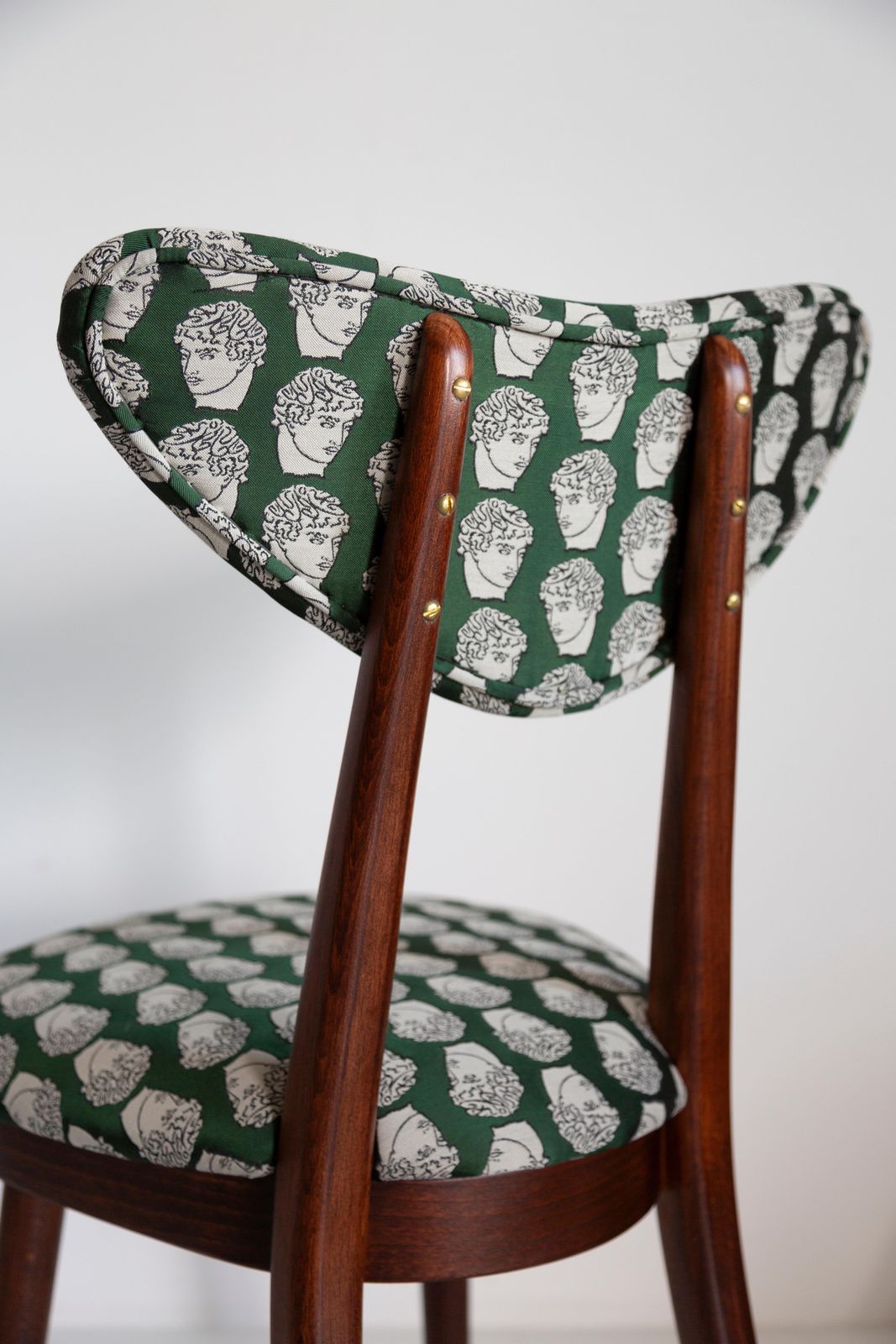 photo furniture Six Midcentury David Print Emerald Satin, Dark Wood Heart Chairs, Europe, 1960s