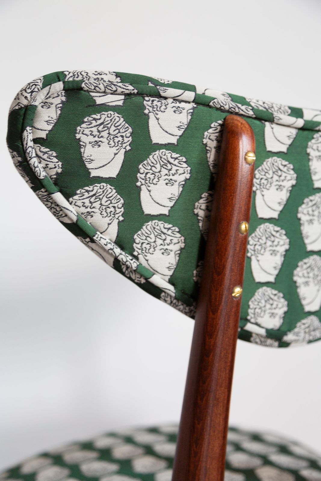 photo for sale Six Midcentury David Print Emerald Satin, Dark Wood Heart Chairs, Europe, 1960s