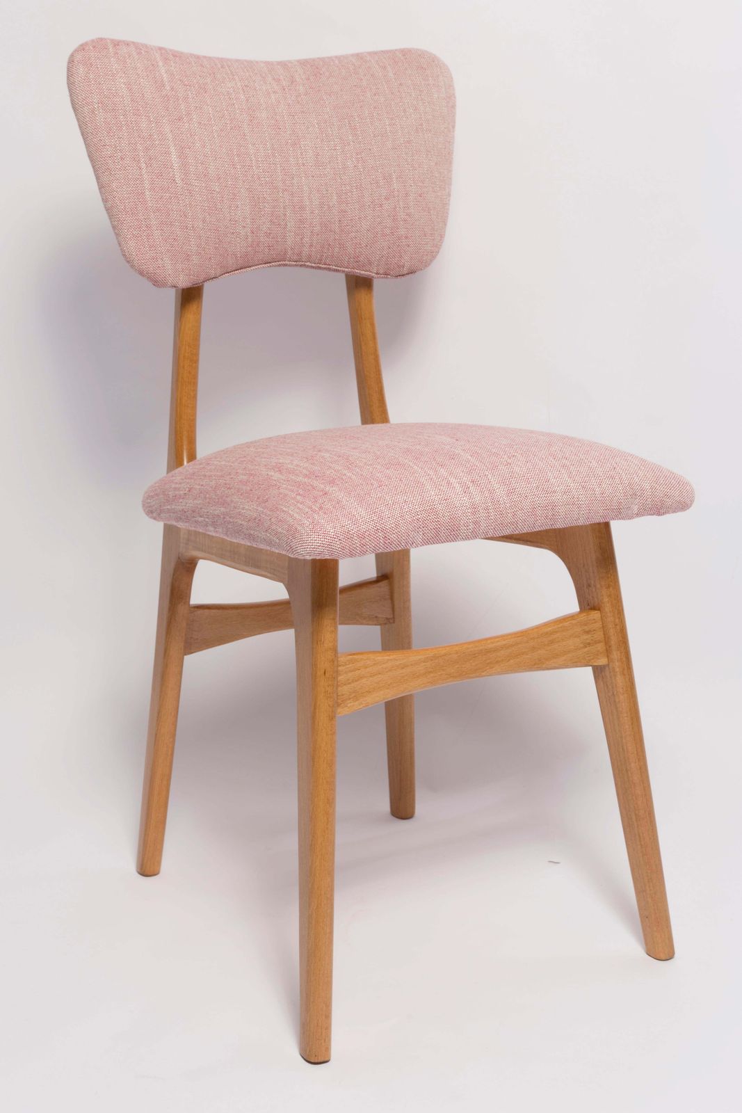 Six Mid Century Butterfly Dining Chairs, Pink Linen, Light Wood, Europe, 1960s photo for sale