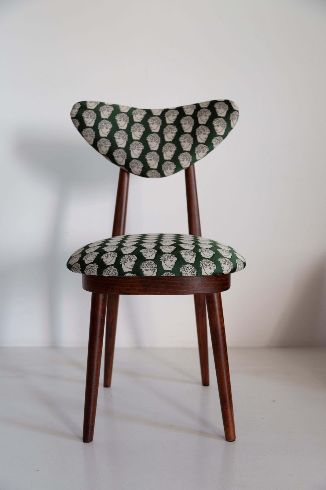 Furniture Six Midcentury David Print Emerald Satin, Dark Wood Heart Chairs, Europe, 1960s photo