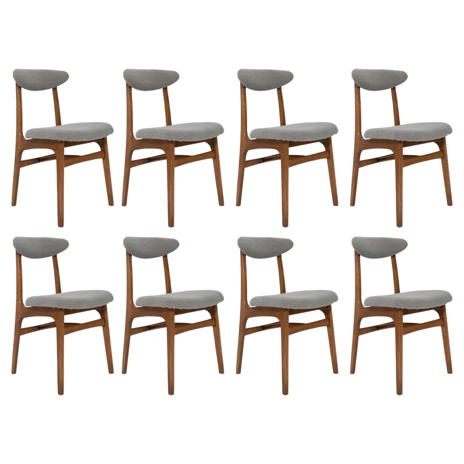 Set Van Acht Mid Century Stoelen Met Grijze Bouclébekleding Van Rajmund Halas, Polen, Jaren 1960