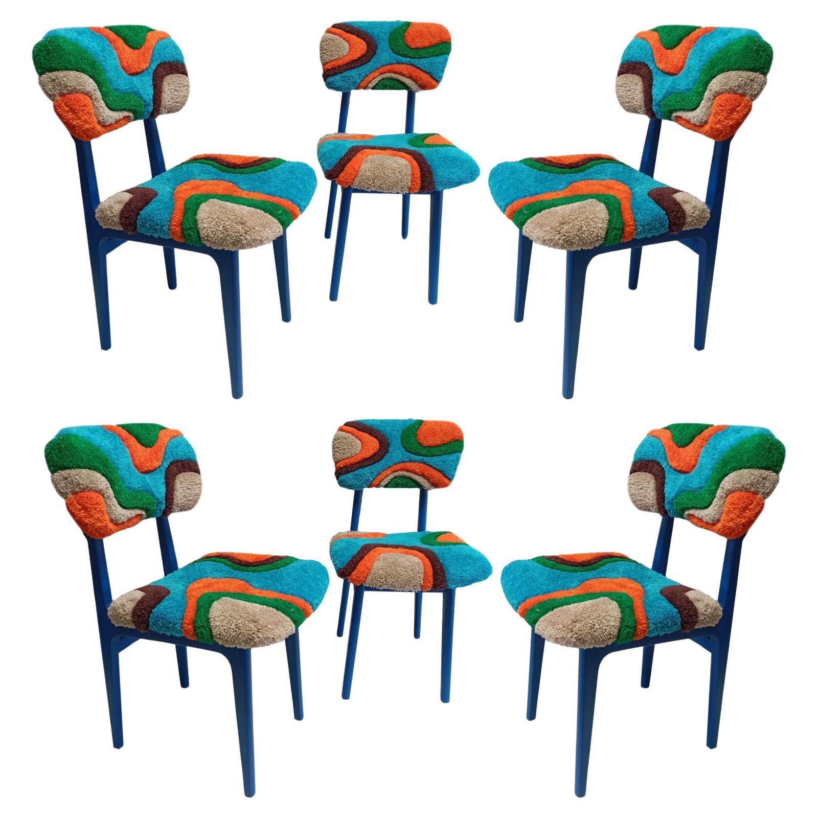 Zes Mid Century Handgetufte Stoelen, Blauw Hout, Rajmund Halas, Polen, Jaren 1960