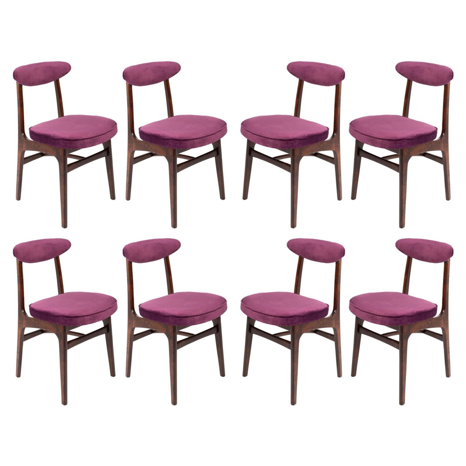 Acht 20e Eeuwse Stoelen In Pruimkleurig Fluweel, Ontworpen Door Rajmund Halas, Europa, Jaren 1960
