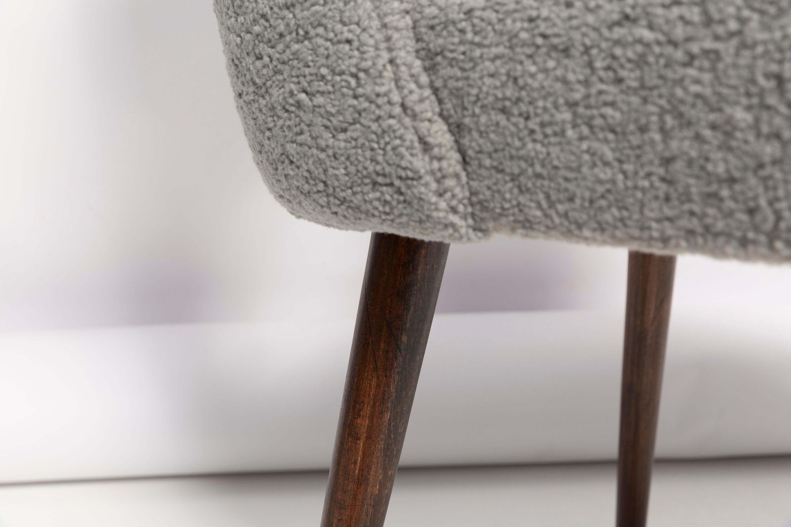 photo buy Set Of Eight Gray Boucle 'Shell' Chairs, Dark Beech Wood, Europe, 1960s