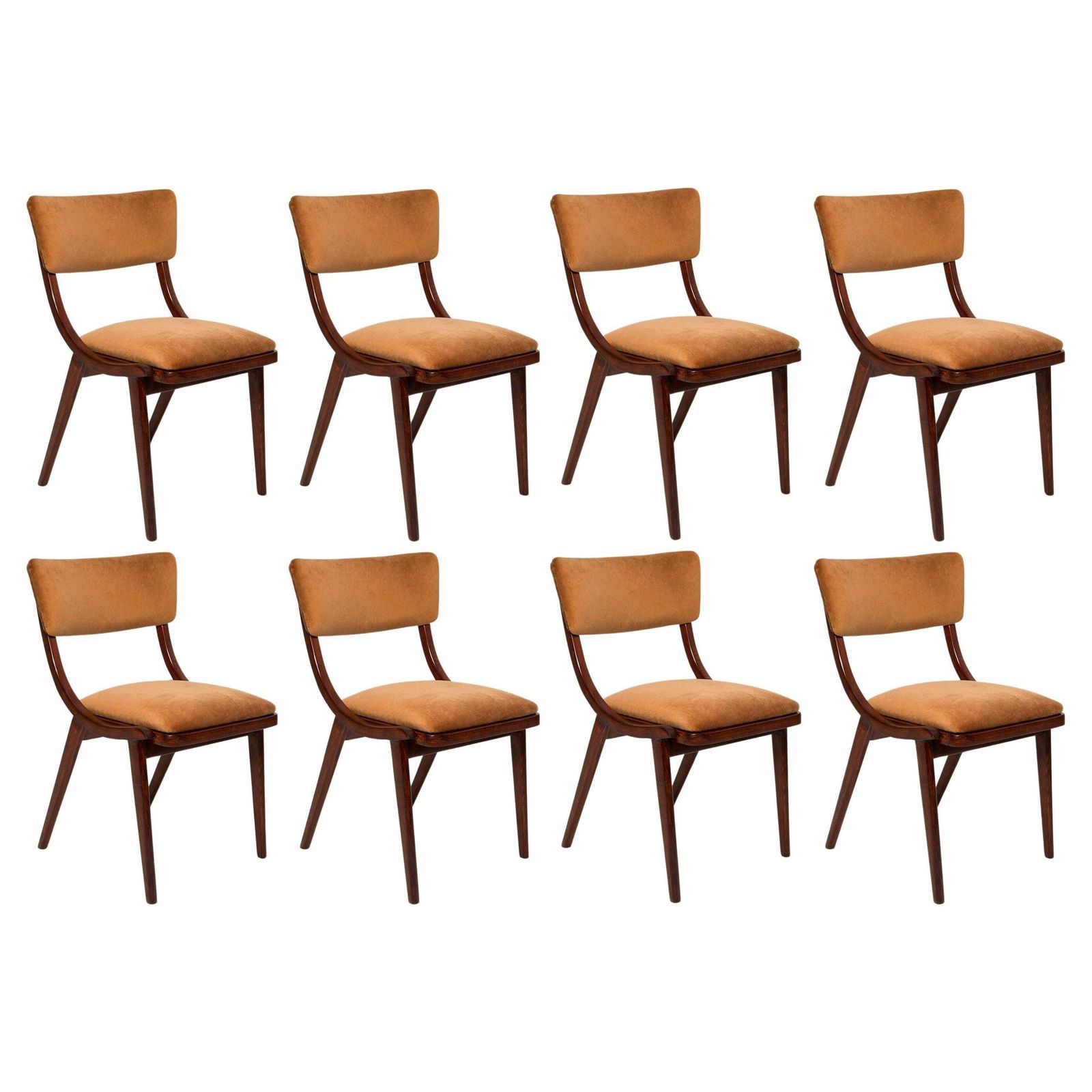 Acht Mid Century Modern Bumerang Stoelen, Bruin Beige Velours, Polen, Jaren 1960